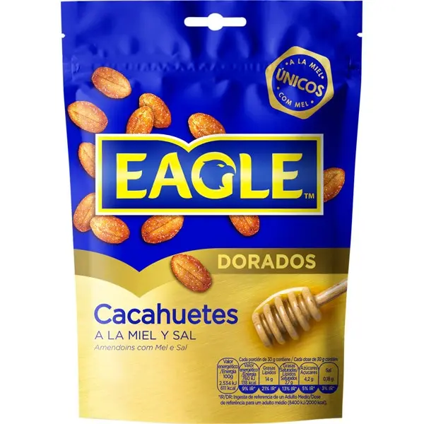 Eagle Cacahuetes dorados a la miel con sal - Caja con 14 unidades de 90 gr cada una - Cacahuetes crujientes y salados con un toque dulce - Puede contener trazas de otros frutos de cáscara - Producto de España