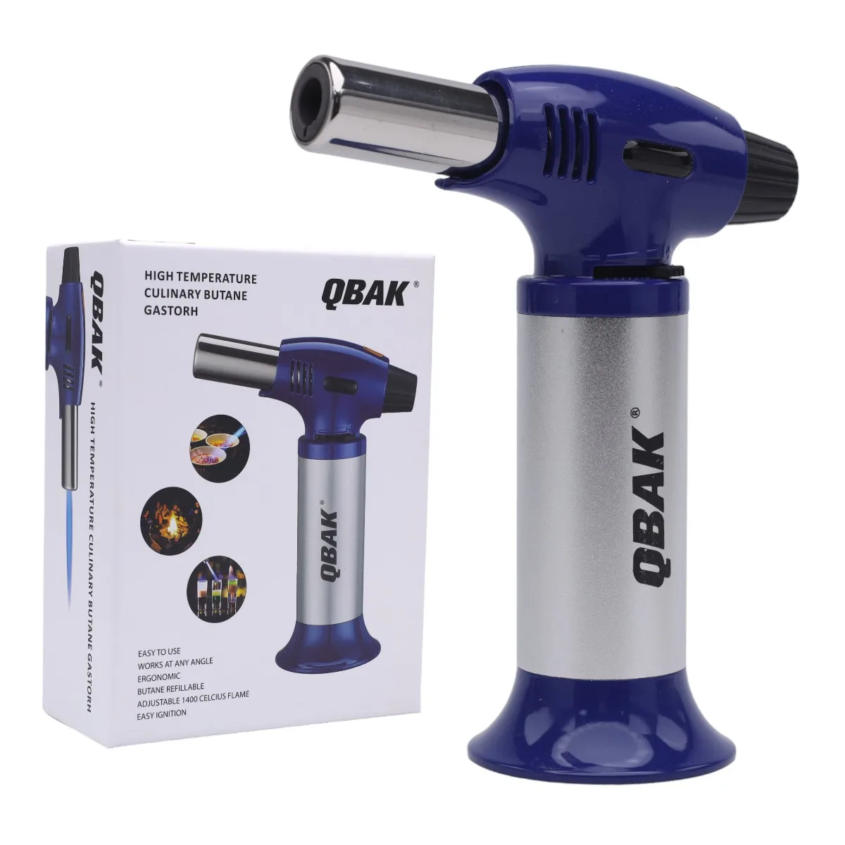 QBAK Professional Kitchen Torch Butane Torch Lighter, Mini Culinary Torch with Safety Lock & Flame Adjustable BBQ Brulée Camping Cream (Gas Included)