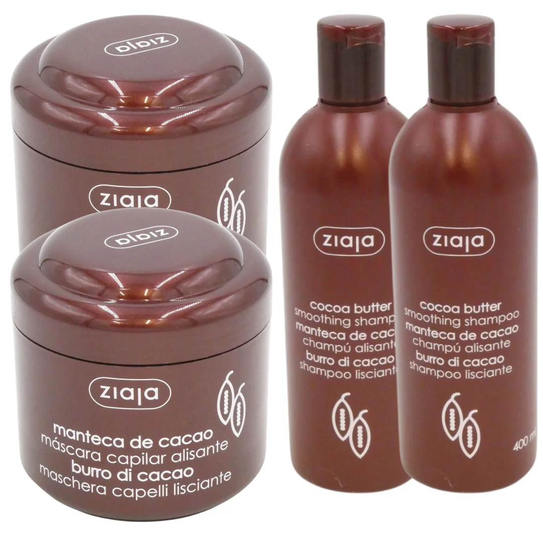SET ZIAJA CACAO CHAMPU + MASCARILLA. mascarilla alisadora con manteca de cacao para el cabello seco y dañado. champú de manteca de cacao que limpia con delicadeza el cabello y cuero cabelludo. COSMETICA VEGANA NATURAL CUIDADOSA CON LA NATURALEZA ZIAJA