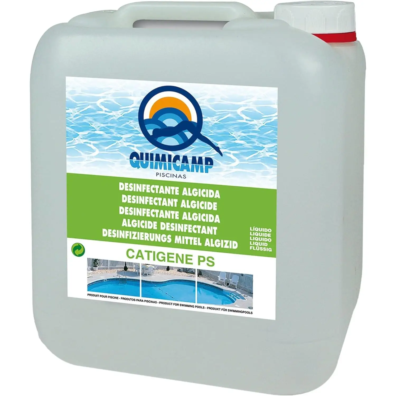 Desinfectante Algicida Catigene PS Quimicamp líquido para prevenir que el agua de la piscina se ponga verde con algas y correcto mantenimiento y conservación del agua