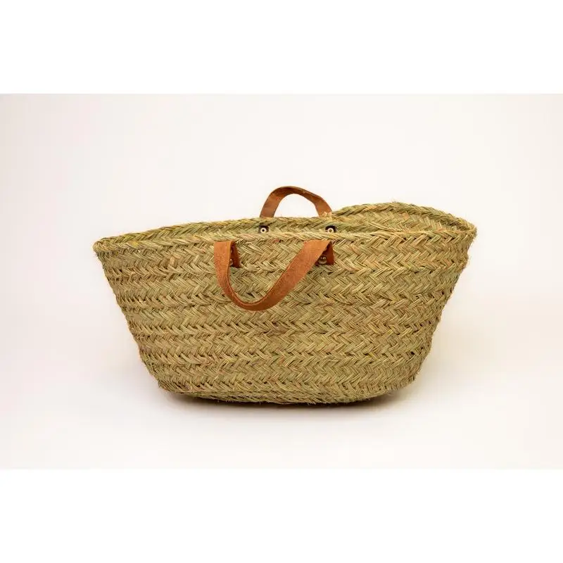 Fibranature - Leñero, cesta, cesto esparto ovalado - dos asas laterales de cuero - 100% natural, artesanal - Almacenamiento, decoración - hogar, eventos.