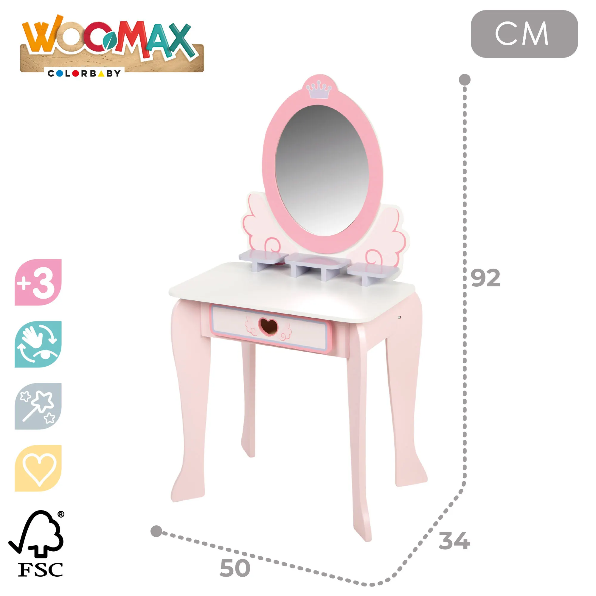 Woomax - makeup dressing table for girls with wooden stool and plexiglass mirror, 50x34x92 cm, pastel colors, children's dressings, with interactive accessories, toys for children 3 years #4
