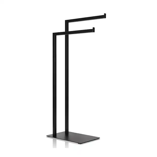 Toallero de pie 2 niveles negro, diseño moderno, sin taladros, resistente y compacto 34×20×80 cm, ideal para baños pequeños