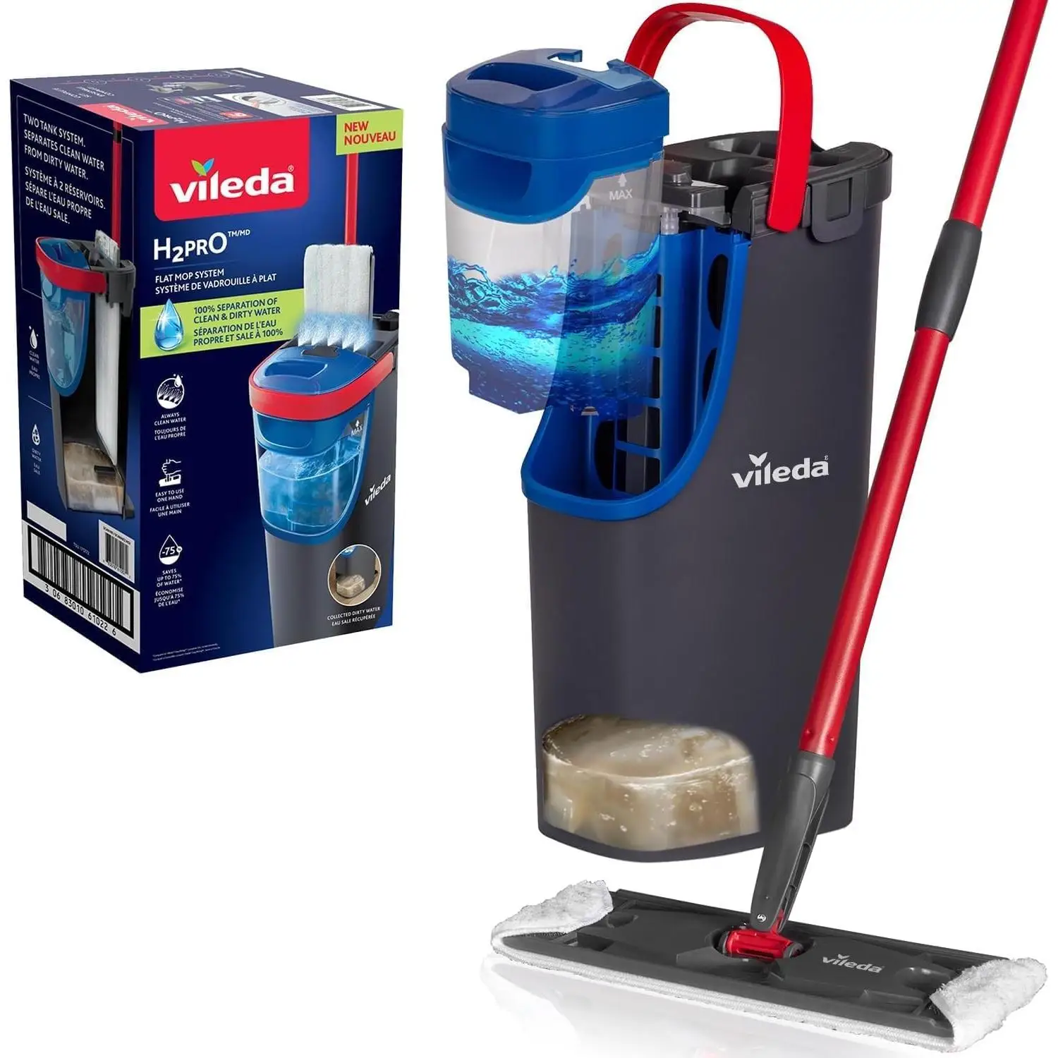 Vileda H2Pro Flat Mop con doppio secchio, separazione dell'acqua pulita e sporca, microfibra lavabile e design compatto