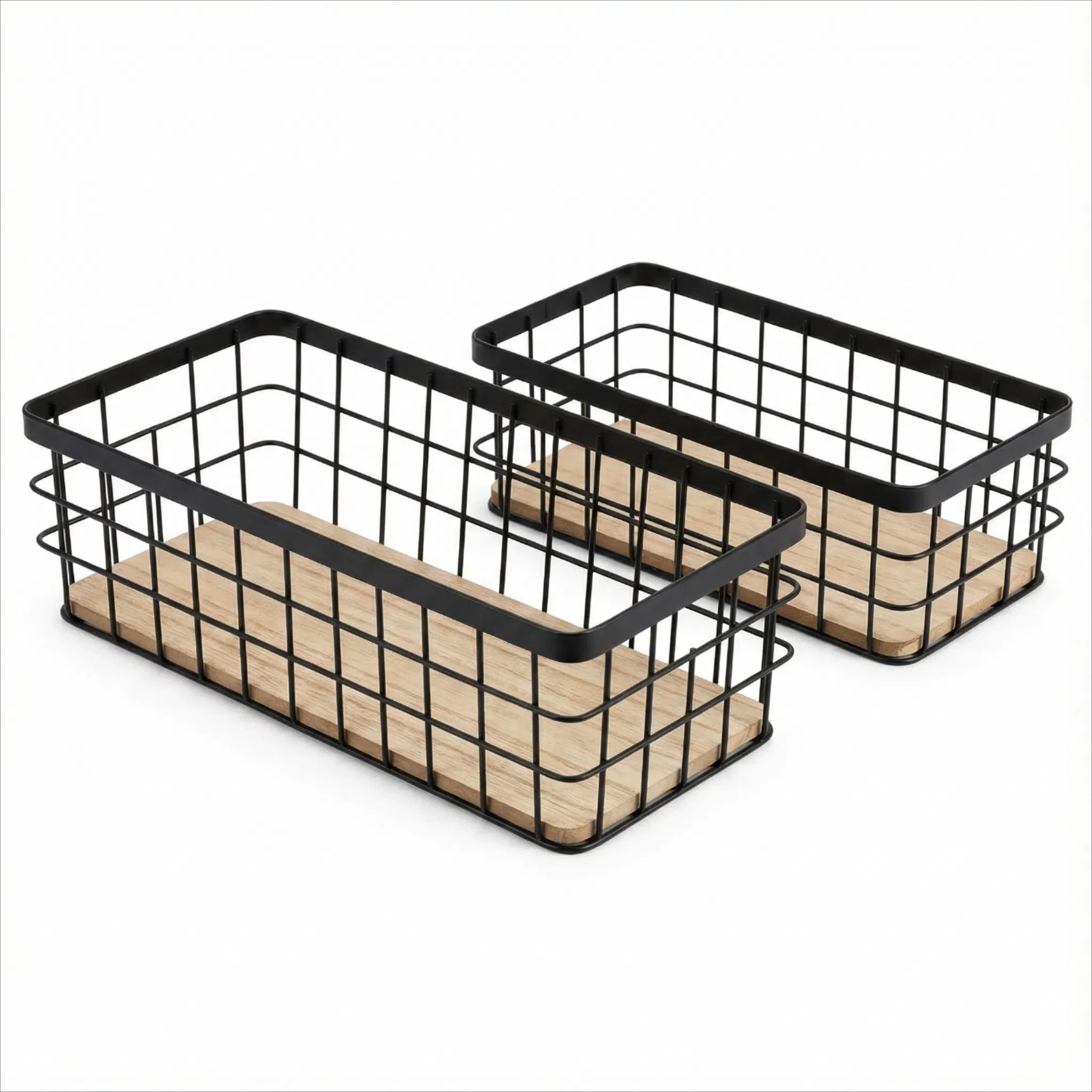 LIN HOME XZ-23151 Cesta de Almacenamiento de Hierro Negro con Base de Madera, Organizador Rectangular para Hogar