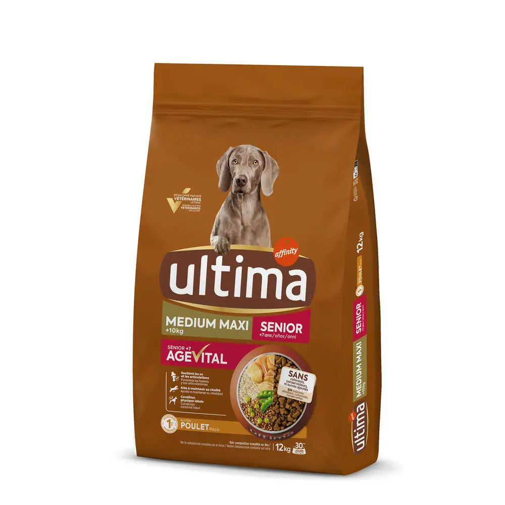 Ultima Medium-Maxi Senior con Pollo, Verduras, Arroz y Cereales Integrales. Comida Seca para Perros, Huesos y Articulaciones Fuertes, un Paquete de 7,5kg