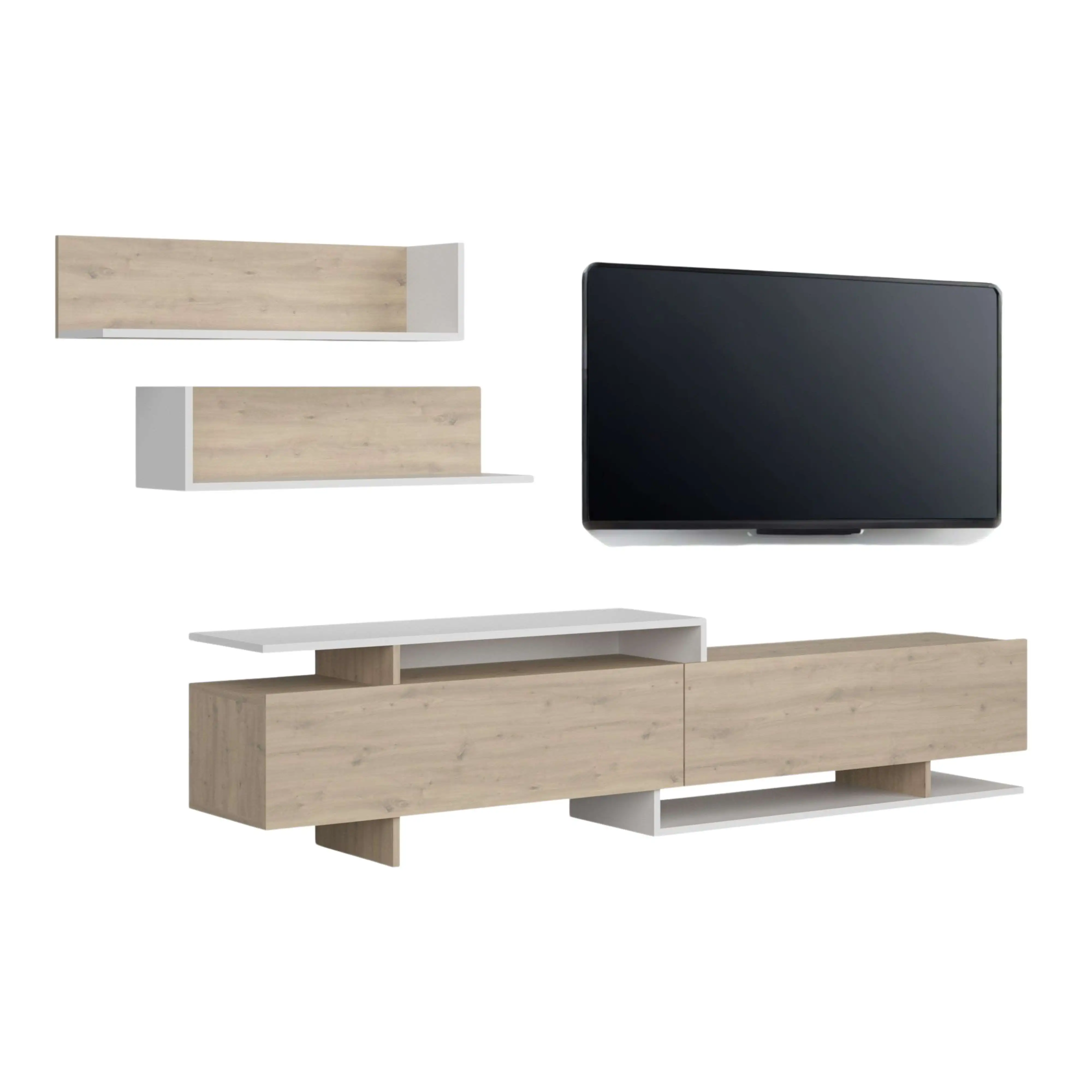 Miroytengo Mueble de salón, Comedor, Módulo TV + Estantes 200 cm Orlis  2 Puertas Abatibles Melamina Roble Artesano y Blanco mate