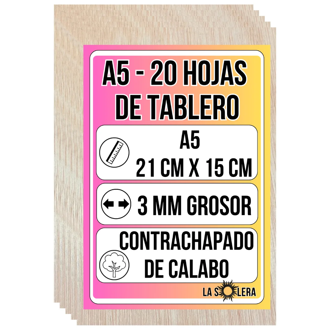 La Solera | Pack de 20 tableros A5 (21x15 cm) de contrachapado Calabo 3 mm, ideal para manualidades, láser y pirograbado