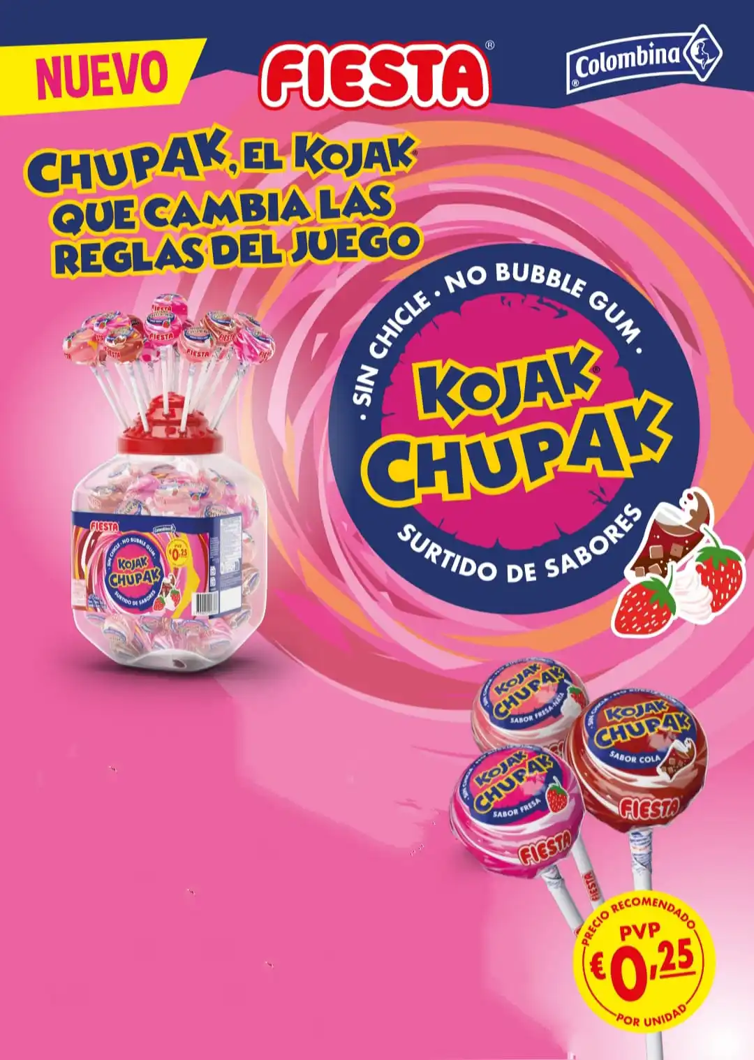 Chupa kojak fiesta without gum assorted cola, strawberry and strawberry with cream flavor, 115 units, sugar free, gluten free, natural colors – colombina brand