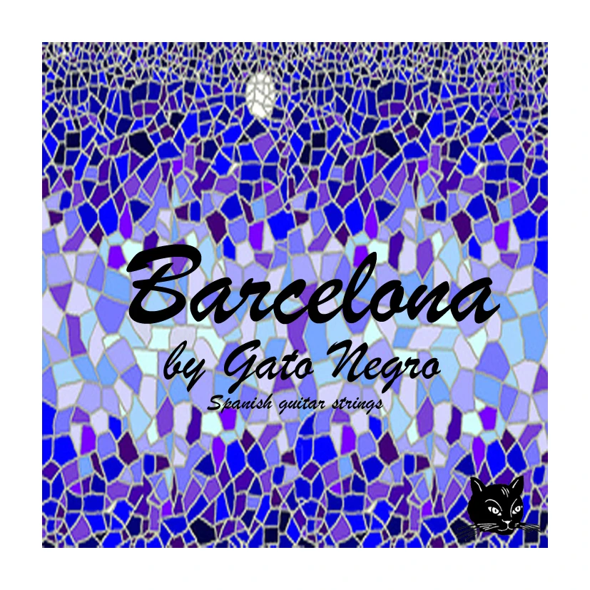 Juego de cuerdas para guitarra clásica y Española Gato Negro Barcelona. Fabricadas en nylon y multifilamento de nylon entorchado de cobre plateado de alta calidad en España desde 1868. Tensión media.