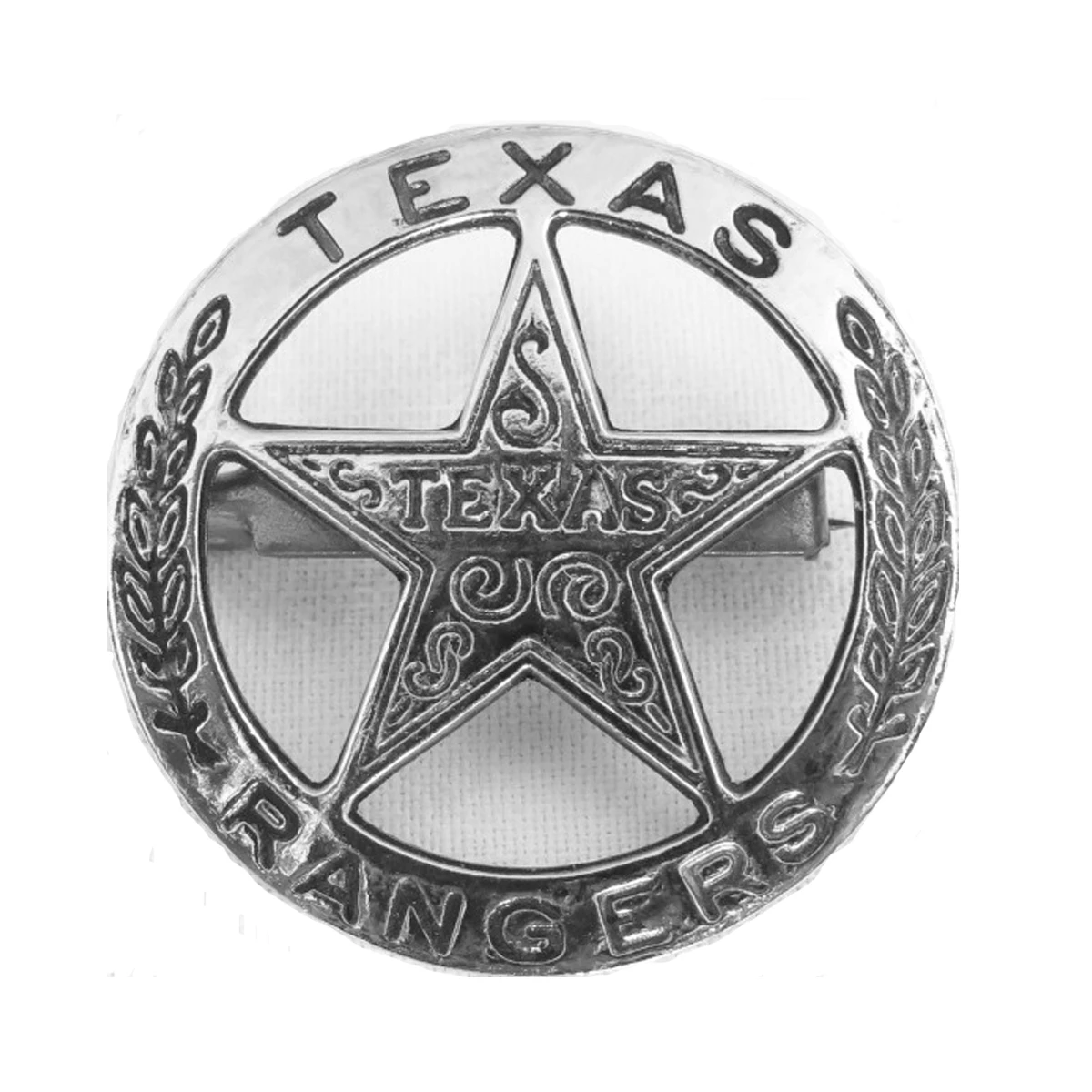 Réplica de una placa de Texas Ranger de 4 cm, fabricada en metal, con aguja para sujetarla.