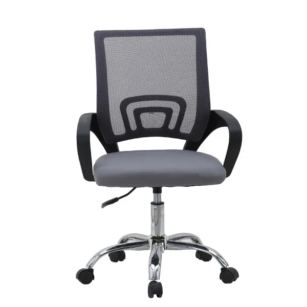 Silla oficina con reposabrazos, sistema elevable y ruedas para desplazarse. Respaldo de rejilla. Asiento tapizado. Disponible en dos colores.