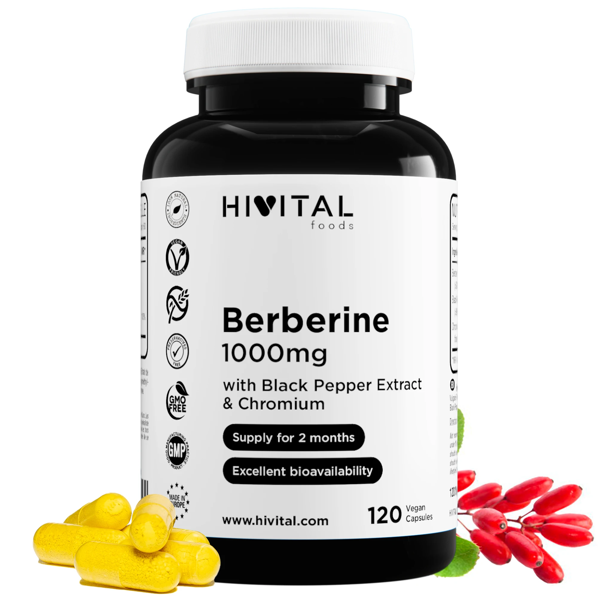 Berberina 1000 mg | 120 cápsulas veganas. Hivital