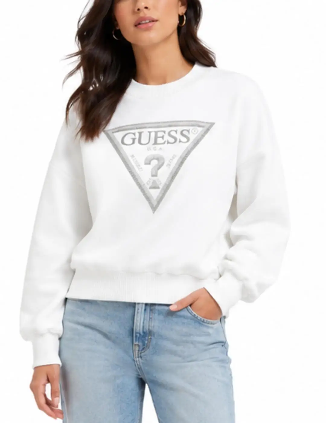 Guess Mujer Blanco, Plateado Para W6yq14k4352 Sudadera Triángulo Glitter Blanco (S), Casual, Algodón, Manga Larga - Imagen 3