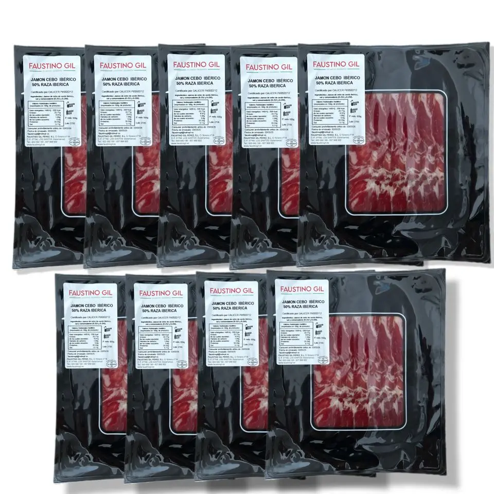 Jamón Ibérico de Cebo - 9 sobres de 100g - Elaboración tradicional - Ibéricos Faustino Gil -