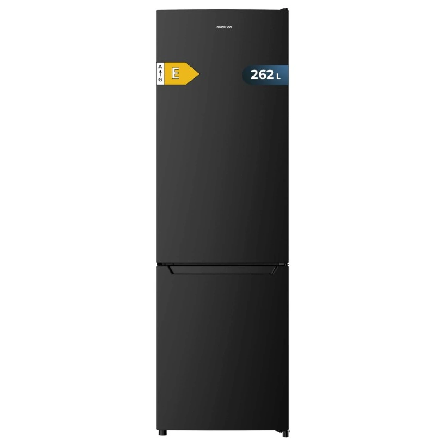 Cecotec Combi Refrigerator 262 Black E, static design with 262L capacity, fast cooling and freezing, LED lighting, and reversible door for flexible placement, perfect for modern kitchens.