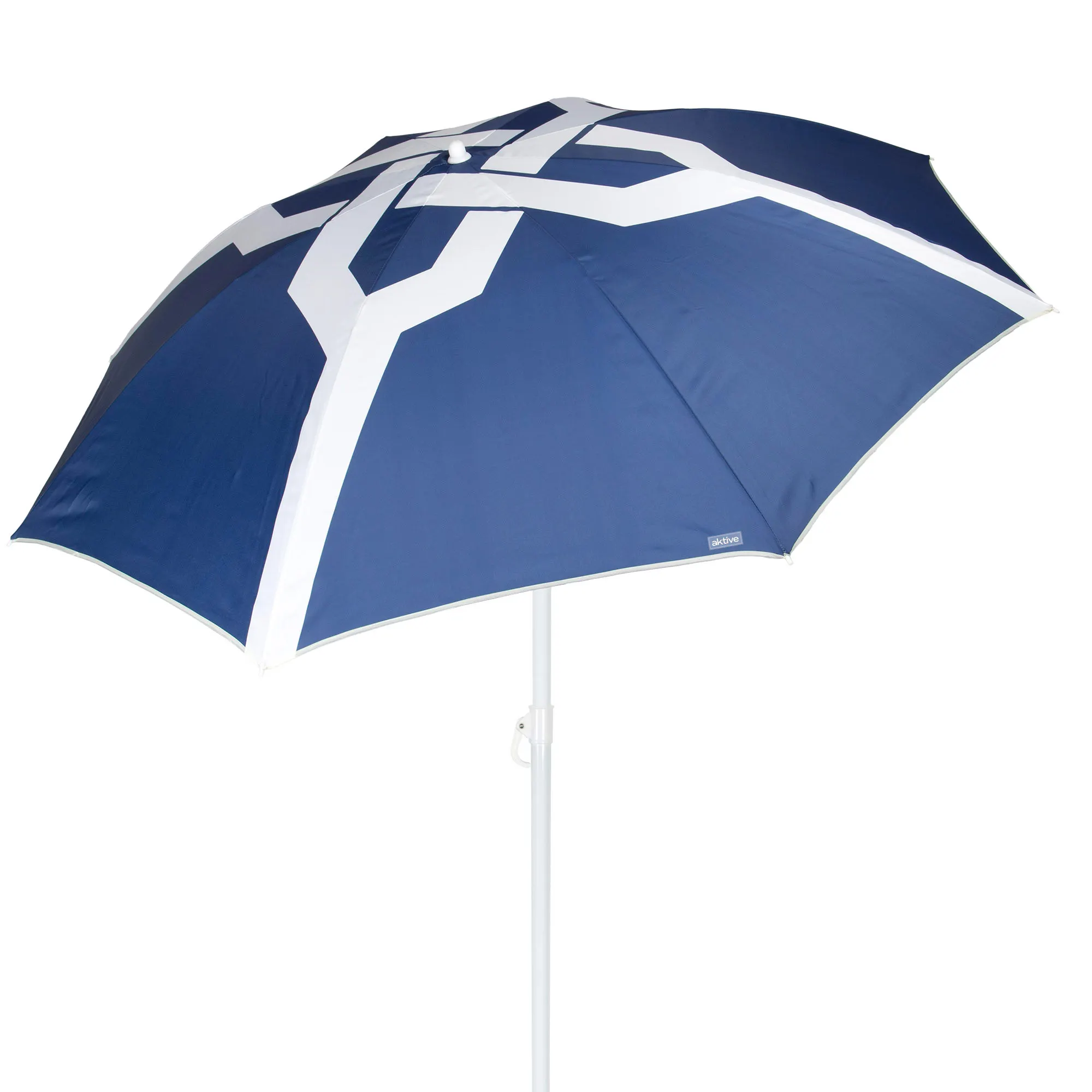 Aktive - Sombrilla de playa 200 cm, protección UV50, mástil de acero inclinable y regulable, poliéster, 8 varillas, funda con asa, ligera y desmontable, estampado azul y blanco
