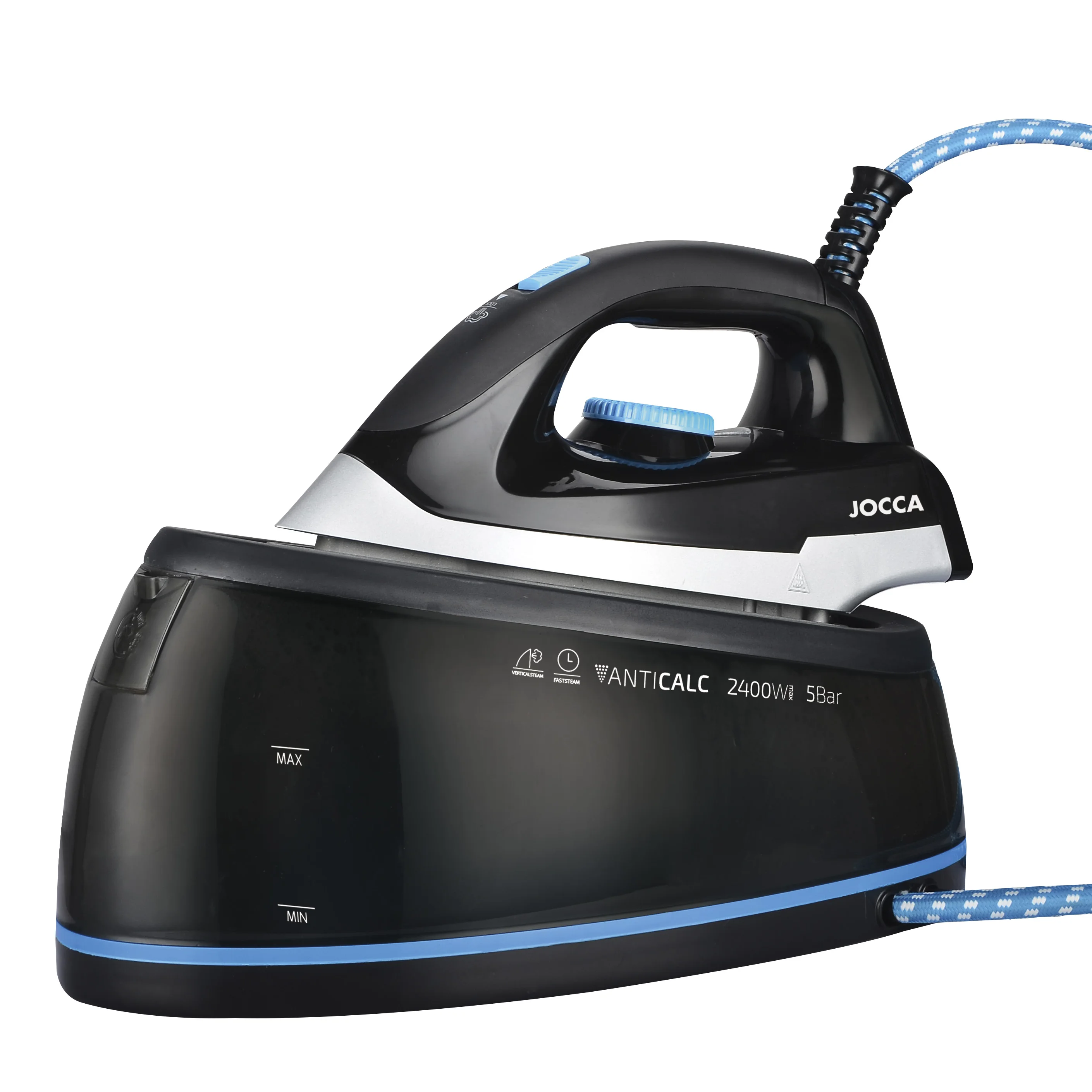 Jocca ultra-powerful ironing center with Silver MAX ultra-thin ceramic sole, 2L tank, 2400W power, 5 bar pressure and self-cleaning anti-cleaning system. Allows vertical ironing.