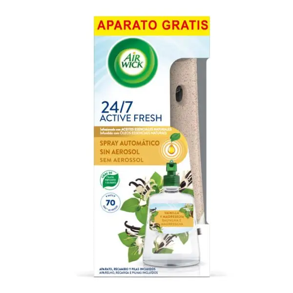 Air Wick Active Fresh Spray Automatico - Aparato + Recambio Ambientador para Casa Aroma Vainilla, Sin Aerosol