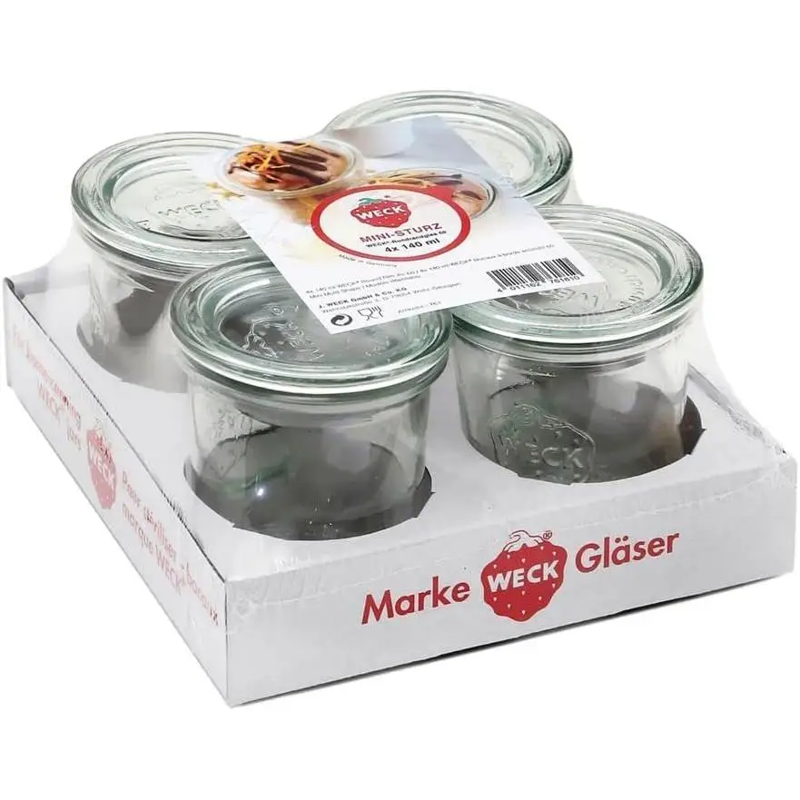 Weck Food Containers, 140ml Mini Mold Jar Set of 4, high-quality airtight glass jars perfect for kitchen storage and organizing spices, stackable design for efficient pantry use.