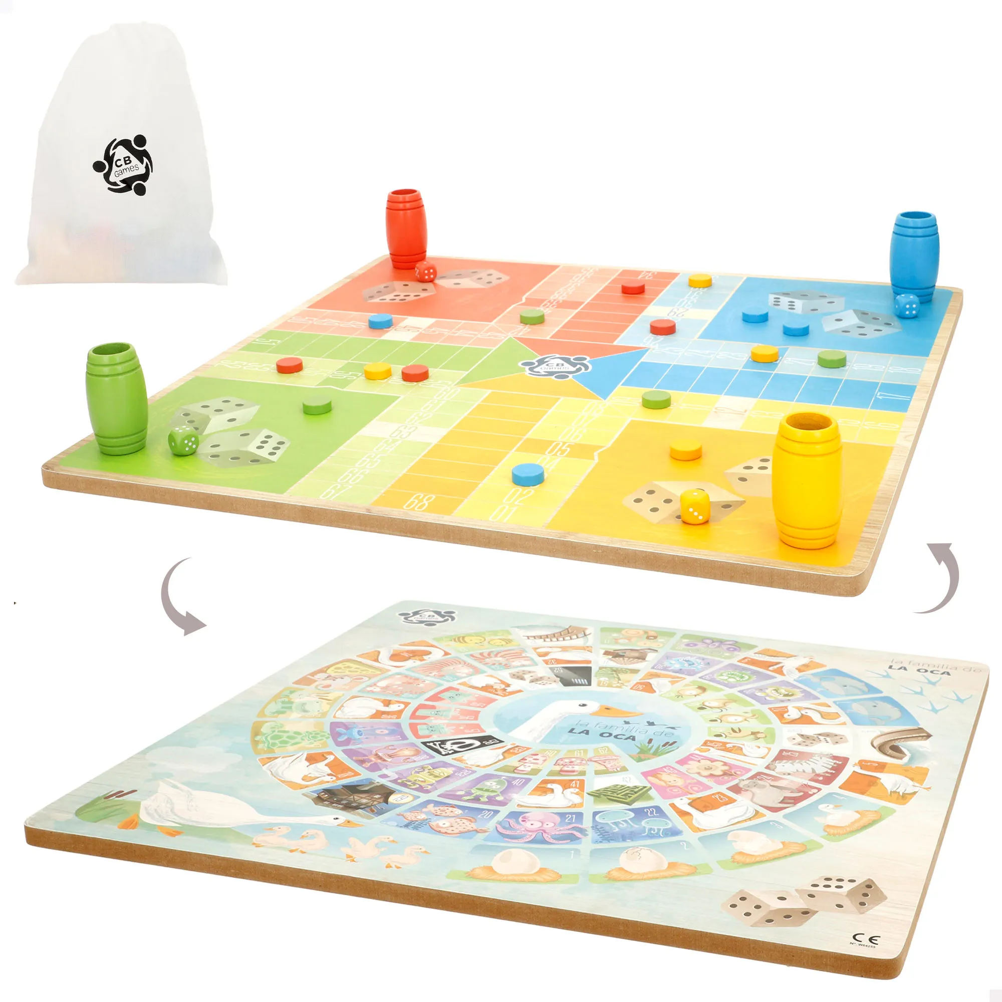 CB Games - Tablero 2 en 1, parchís y oca, 26 piezas, estrategia y aprendizaje para niños, juegos de viaje, juego de madera, diversión en familia, desarrollo de habilidades, mayores de 6 años (39260)