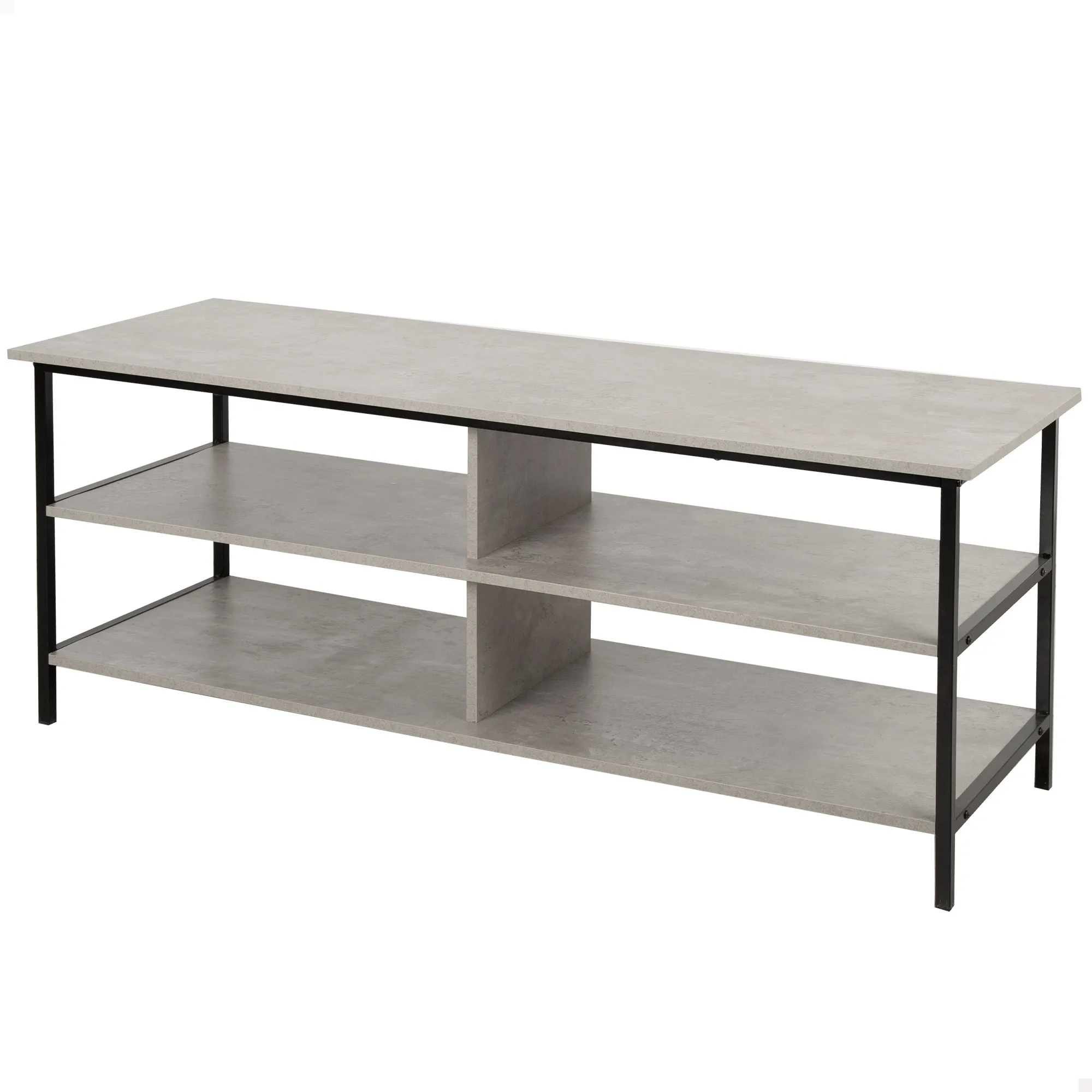 Max Home - Mesa auxiliar televisor, 110x40x45 cm, peso máximo soportado 30 kg, efecto cemento, estructura metálica negra, para salón, comedor, dormitorio