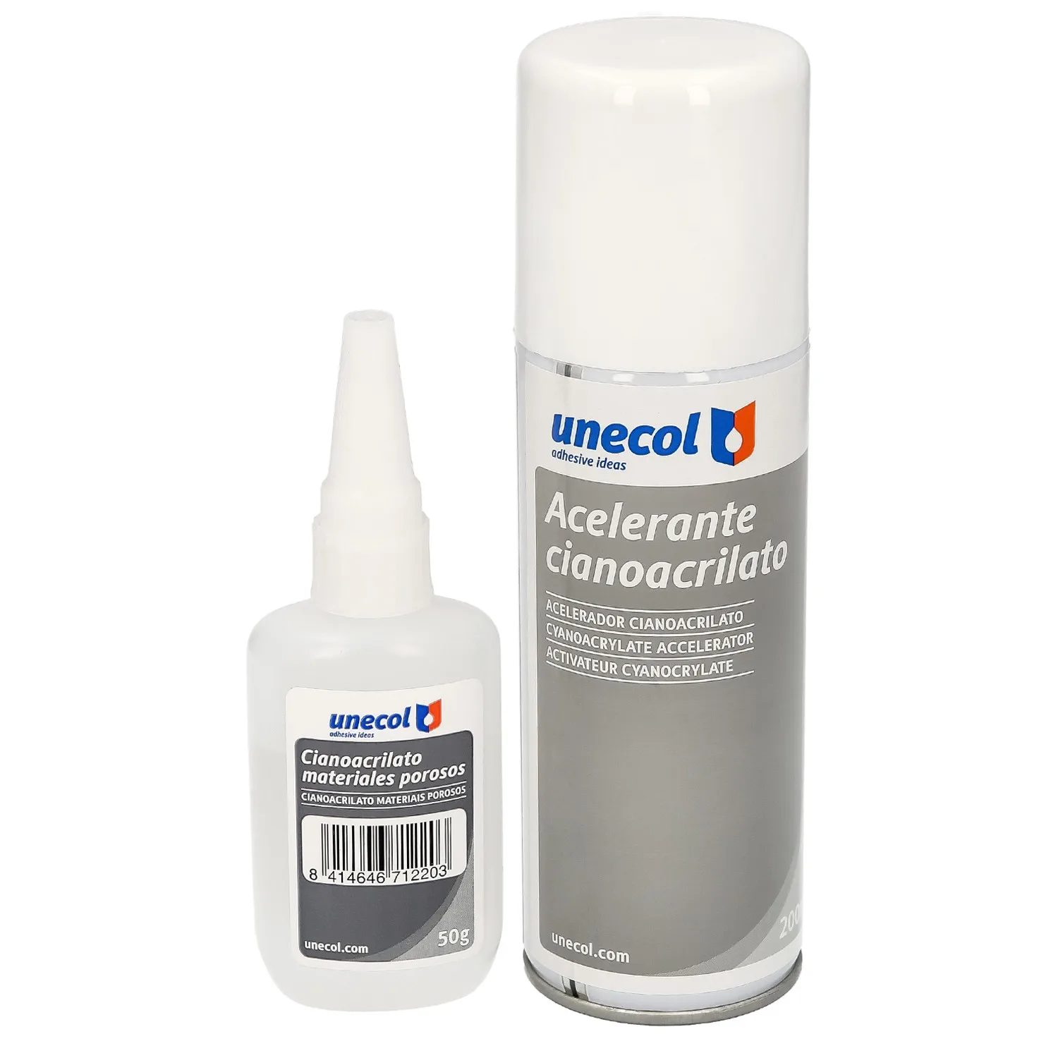 Pegamento Cianoacrilato UNECOL 50g + Acelerante 200ml - Especial para Porosos y Plásticos