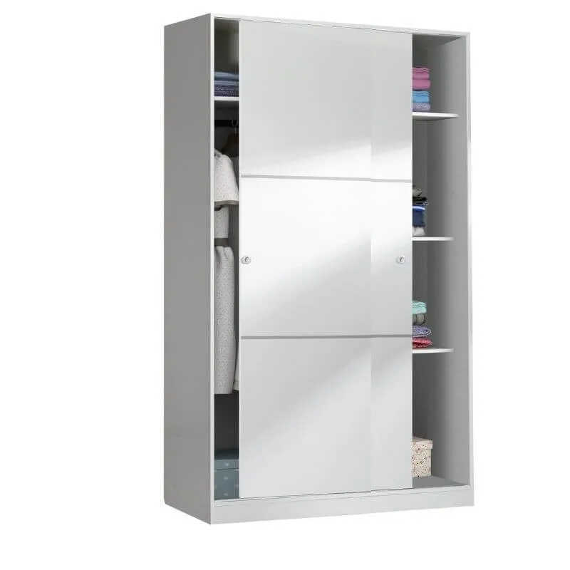 MOBELCENTER - Armario 2 Puertas Correderas Matrimonio o Juvenil con 3 estantes y Barra de Colgar - Blanco Brillo - 120cm x 50cm x 200cm (1415)