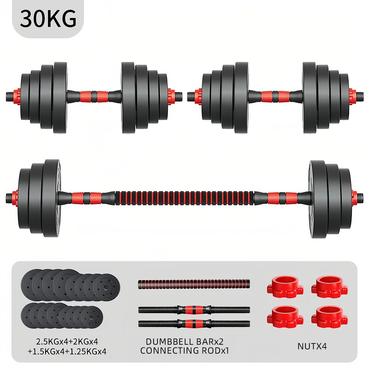 DECODEKO 30kg Adjustable Dumbbells Set with Anti-Slip Grips for Home Gym - 2-in-1 Functionality to Transform into Barbells, Ideal for Full-Body Workouts and Space Optimization.