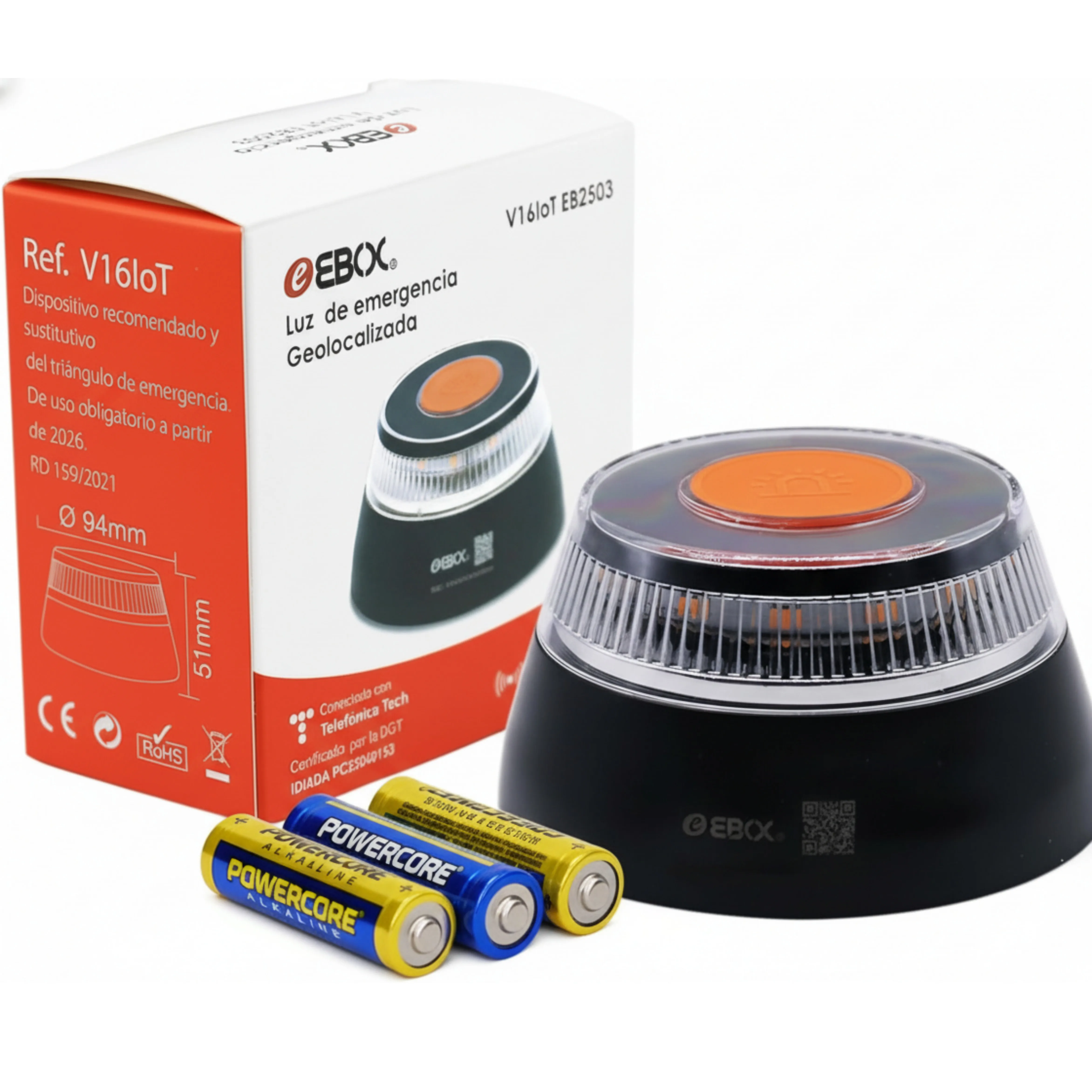 Baliza V16-EBOX Conectada DGT 3.0 Luz Emergencia Homologada Geolocalización Datos y SIM Incluidos Sin Coste hasta 2038