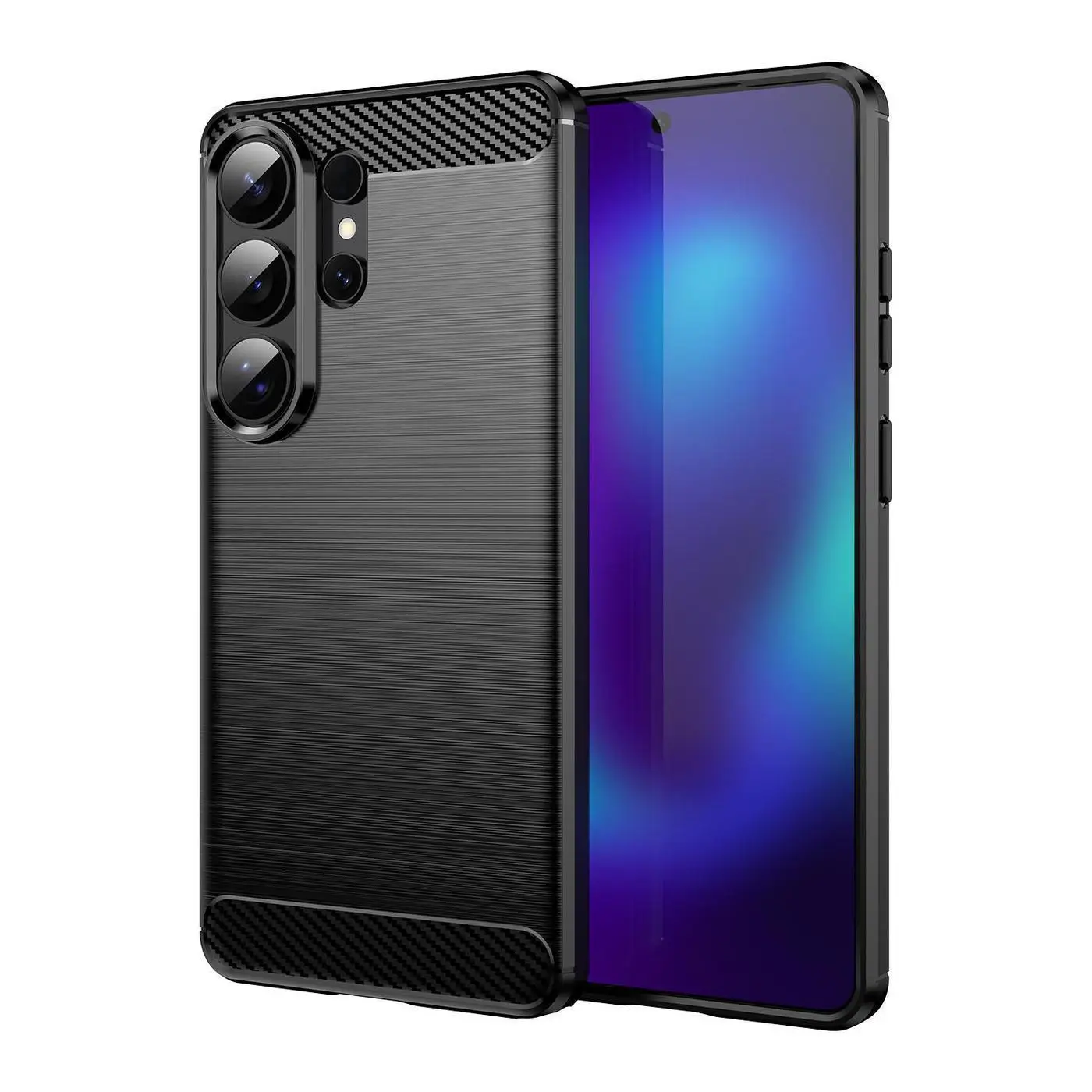 Funda silicona Samsung Galaxy S26 Ultra, alta protección e inserciones símil a fibra de carbono negro