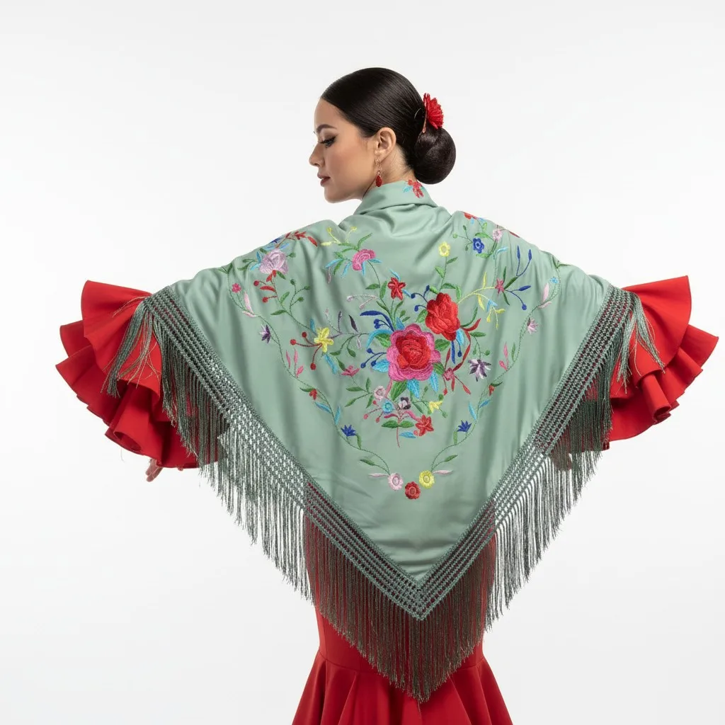 Mantón de flamenco de color verde japnoso con los bordados de floral multicolores