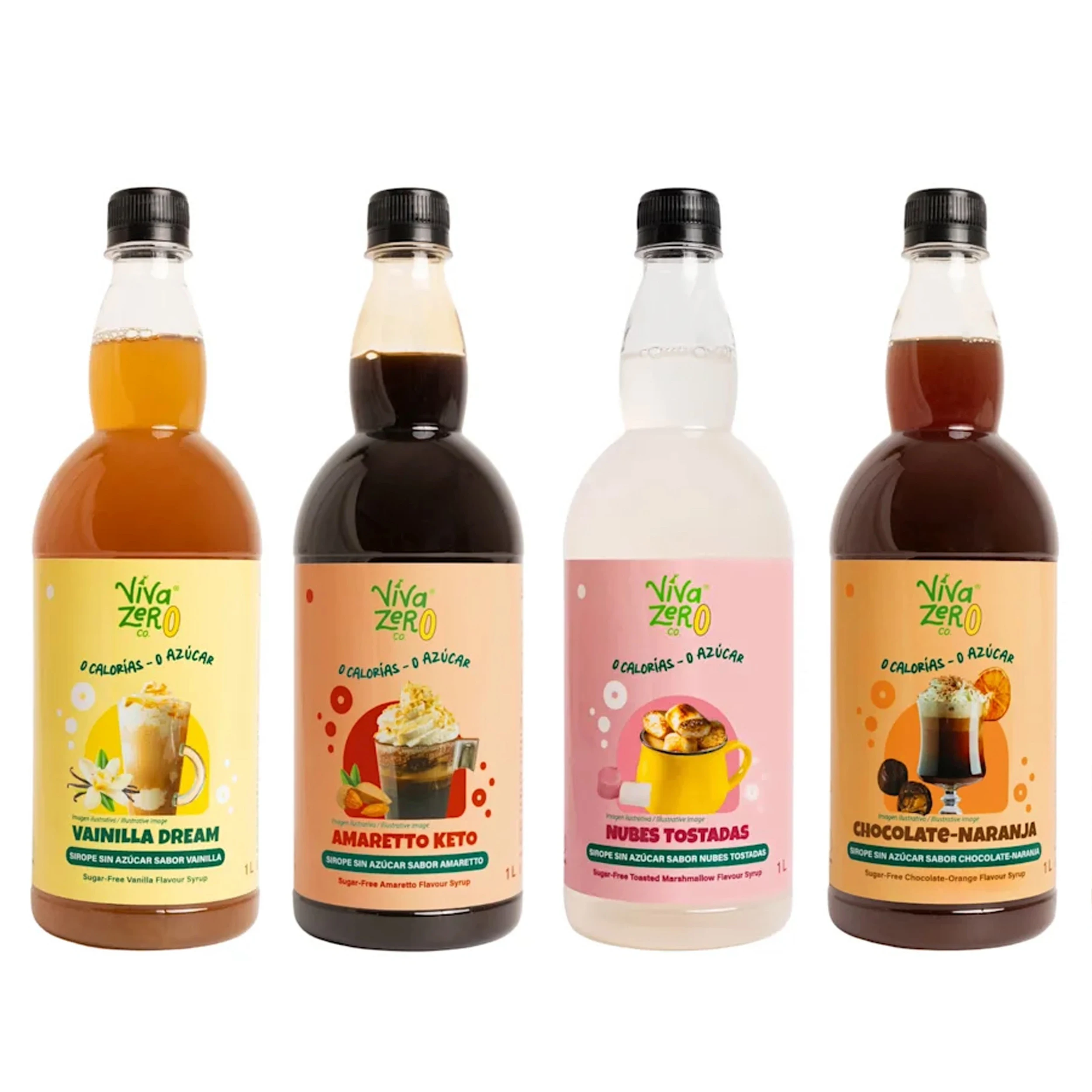 Pack 4 sabores Siropes Sin Azúcar Vainilla Dream/ Amaretto Keto/ Nubes Tostadas/ Chocolate-Naranja 1 L Viva Zero Co | Ideal Café, Bebidas, Cócteles y Postres | Sin Gluten | Sin Grasas | Apto Keto