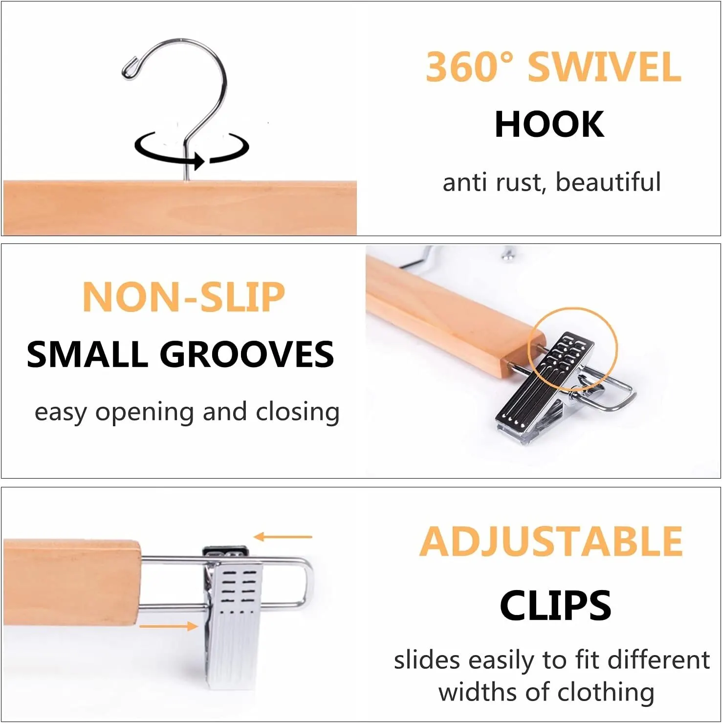 Wooden Clothes Hanger with Clips - 31cm Length, 1.2cm Thick, 360° Rotating Hook, Non-Slip Rubber Padding, Suitable for Pants, Shorts, Skirts, and Undergarments, High-Quality Metal and Wood Construction, Set of 10