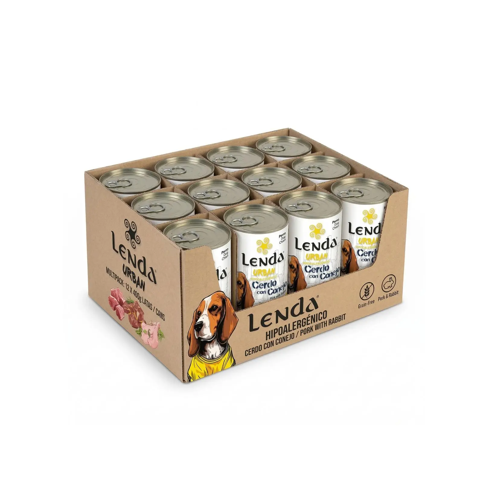 Lenda Urban Pack 12 x 400gr Alimento Húmedo Hipoalergénico para Perros - Carne de Cerdo y Conejo - Alimento Completo y Natural para Todas las Razas - Sin Cereales con Condroprotectores