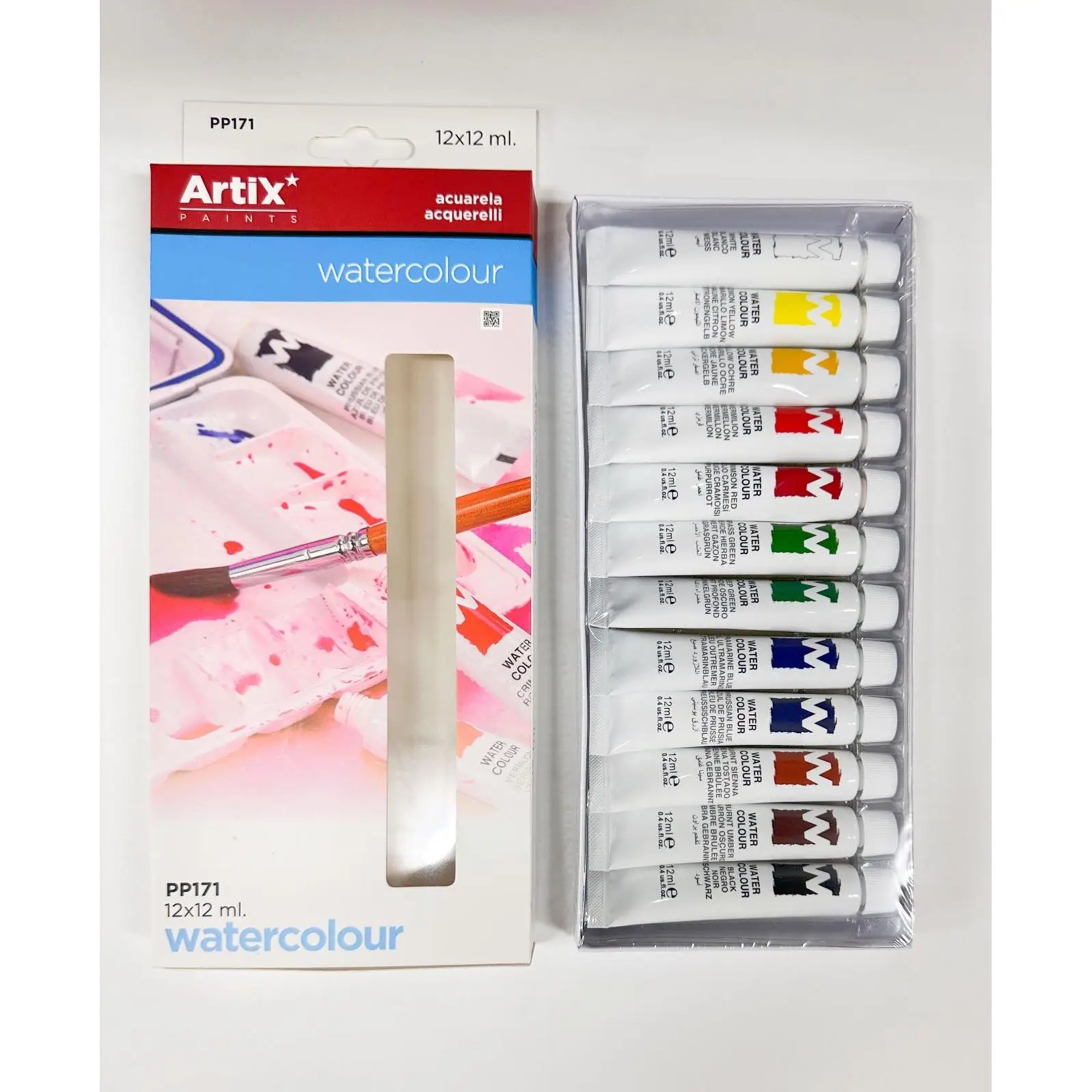 MP-ARTIX PAINTS, Set Pinturas Acuarela para Artistas, 12 tubos de 12 ml, No Tóxico, Colores Surtidos, Paleta de Colores, Técnicas de pintura, Ideal para Efectos de Agua