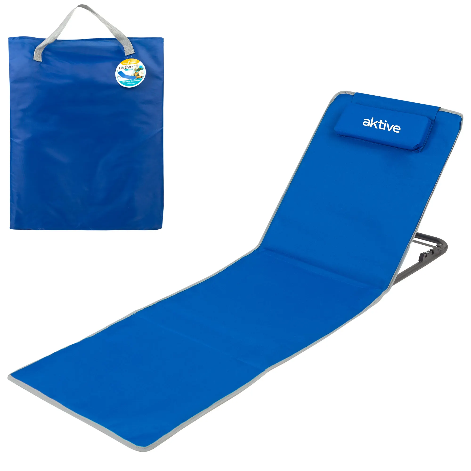 Aktive - Esterilla plegable, color azul, 147x48x7/55 cm, peso máximo soportado 110 kg, respaldo reclinable 3 posiciones, estructura acero, incluye cojín acolchado, bolsillo trasero, funda de