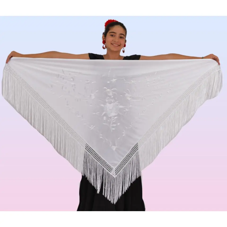 Mantón mediano color blanco con bordado blanco Anuka