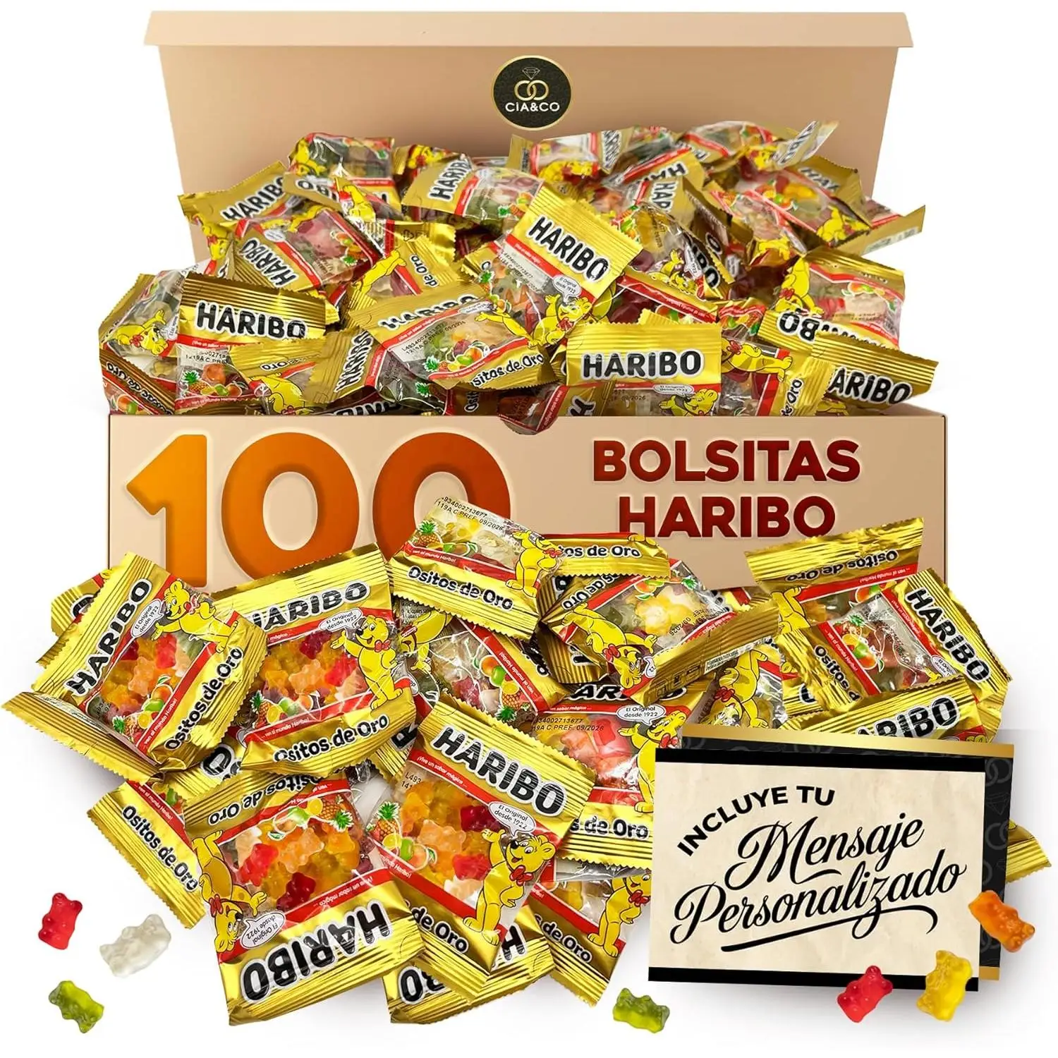 100 Bolsitas de Ositos HARIBO ORO (1 Kg), Tarjeta Personalizable Cia&Co — oferta en AliExpress
