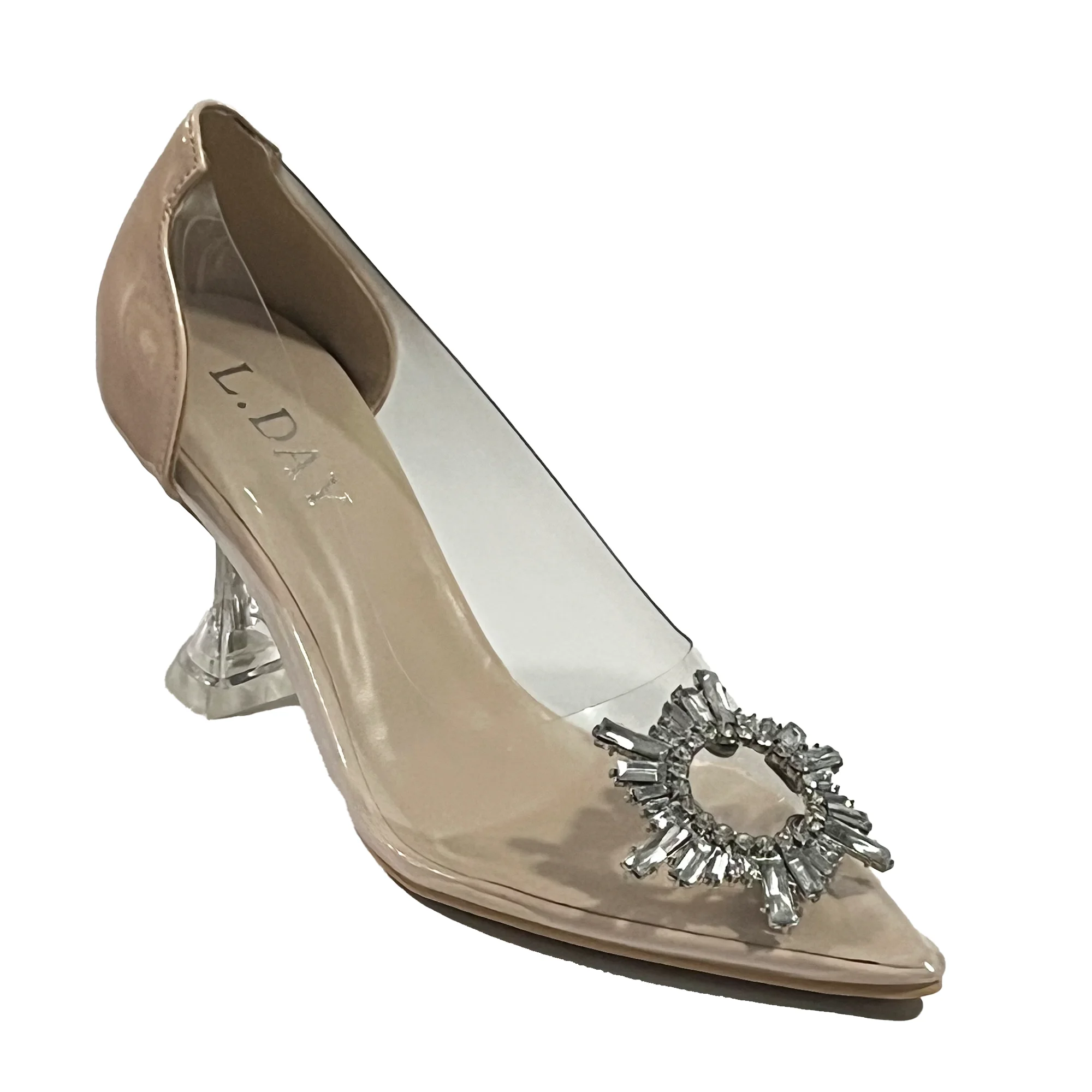 Zapatos de Tacón Alto con Tacones Transparentes y Adorno Brillante Detrás de Charol para Mujer