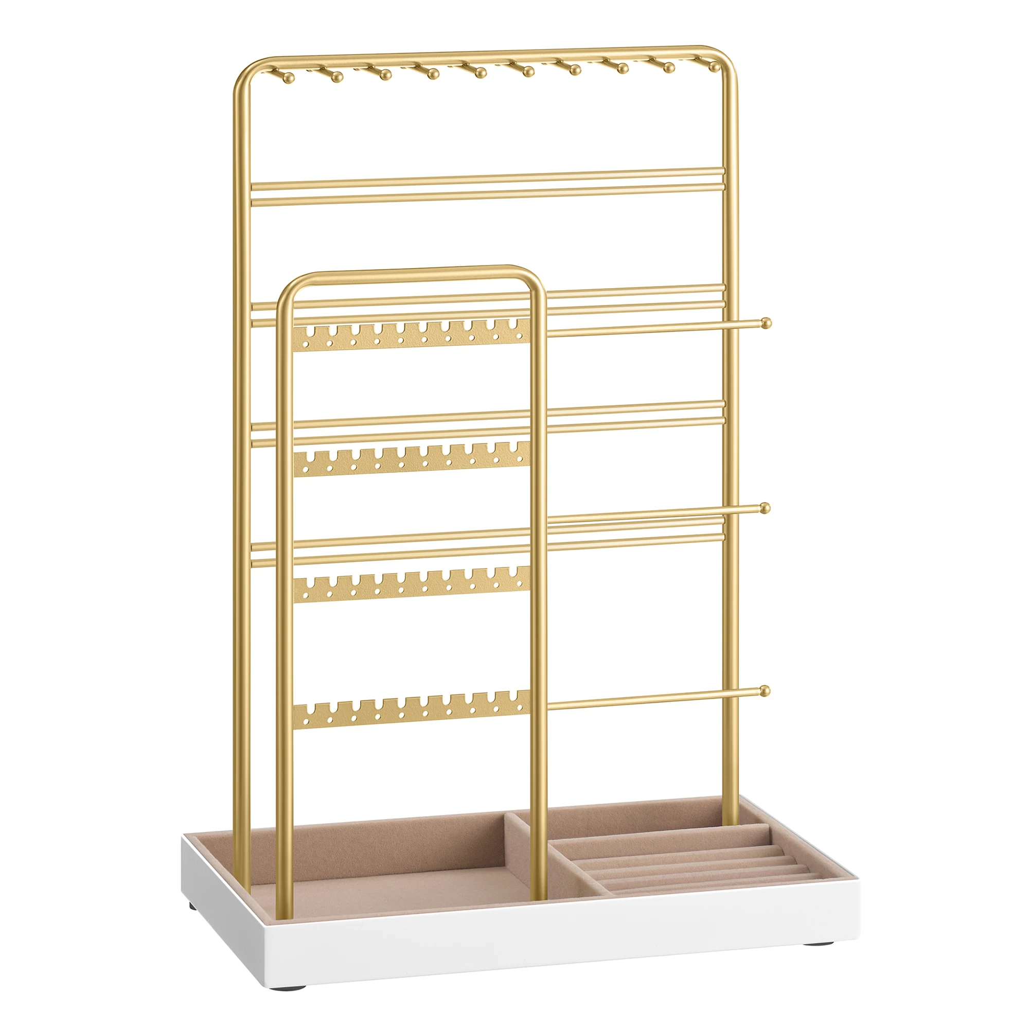 SONGMICS Portagioie, Organizer per Gioielli, Espositore per Gioielli, Struttura in Metallo, Vassoio in Velluto, per Collane, Bracciali, Anelli, Regalo, Oro Pallido/Bianco Opaco