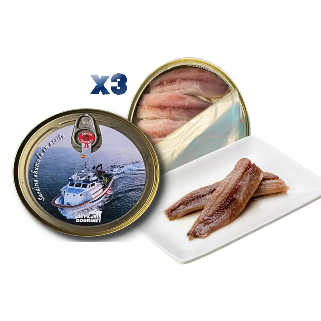 Los Picones Gourmet I Pack 3 Sardinas Ahumadas en Aceite de Oliva (115 gramos) (345 gramos Total).