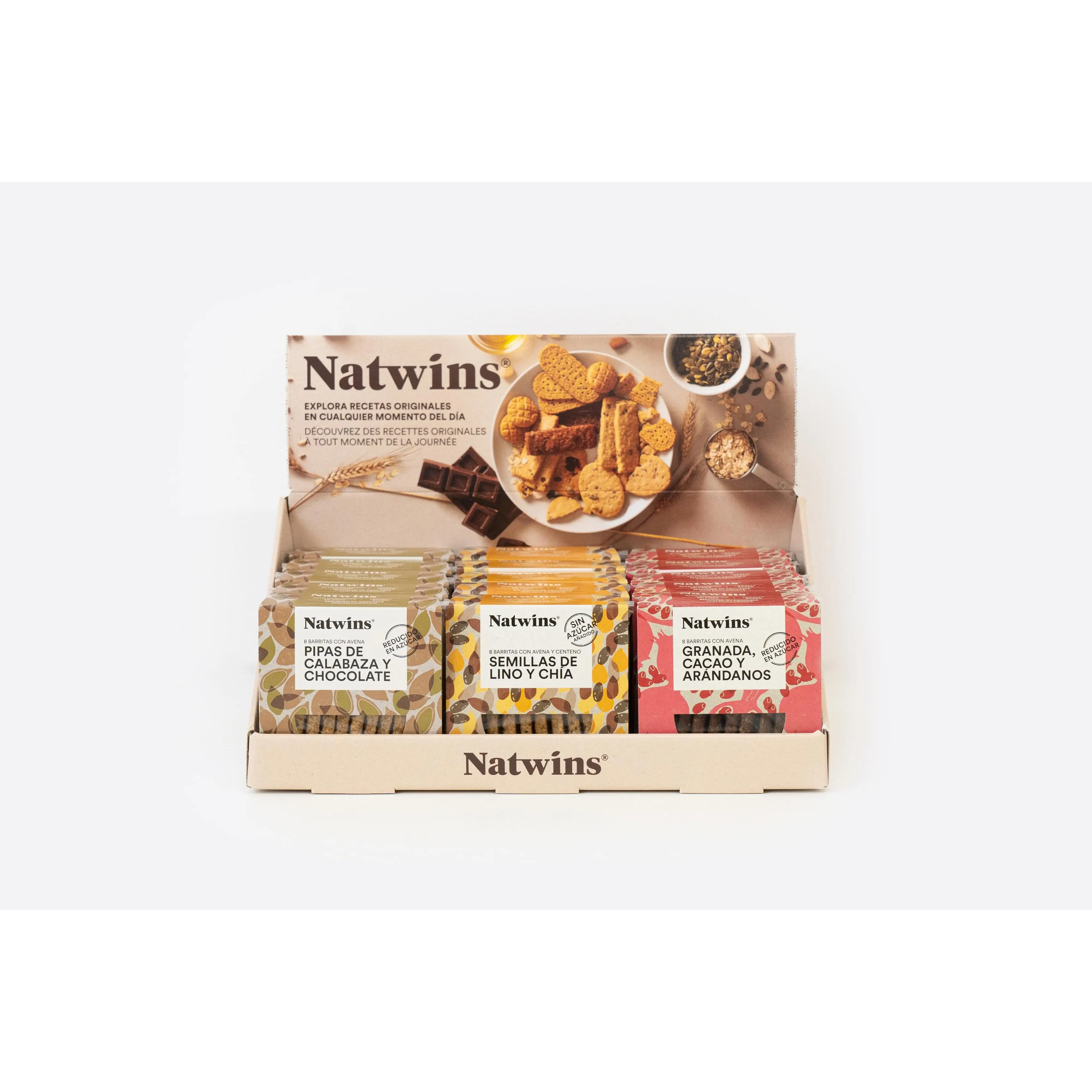 Barritas de avena con en 3 sabores: PIPAS DE CALABAZA Y CHOCO, SEMILLAS DE LINO Y CHIA y GRANADA, CACAO Y ARÁNDANOS