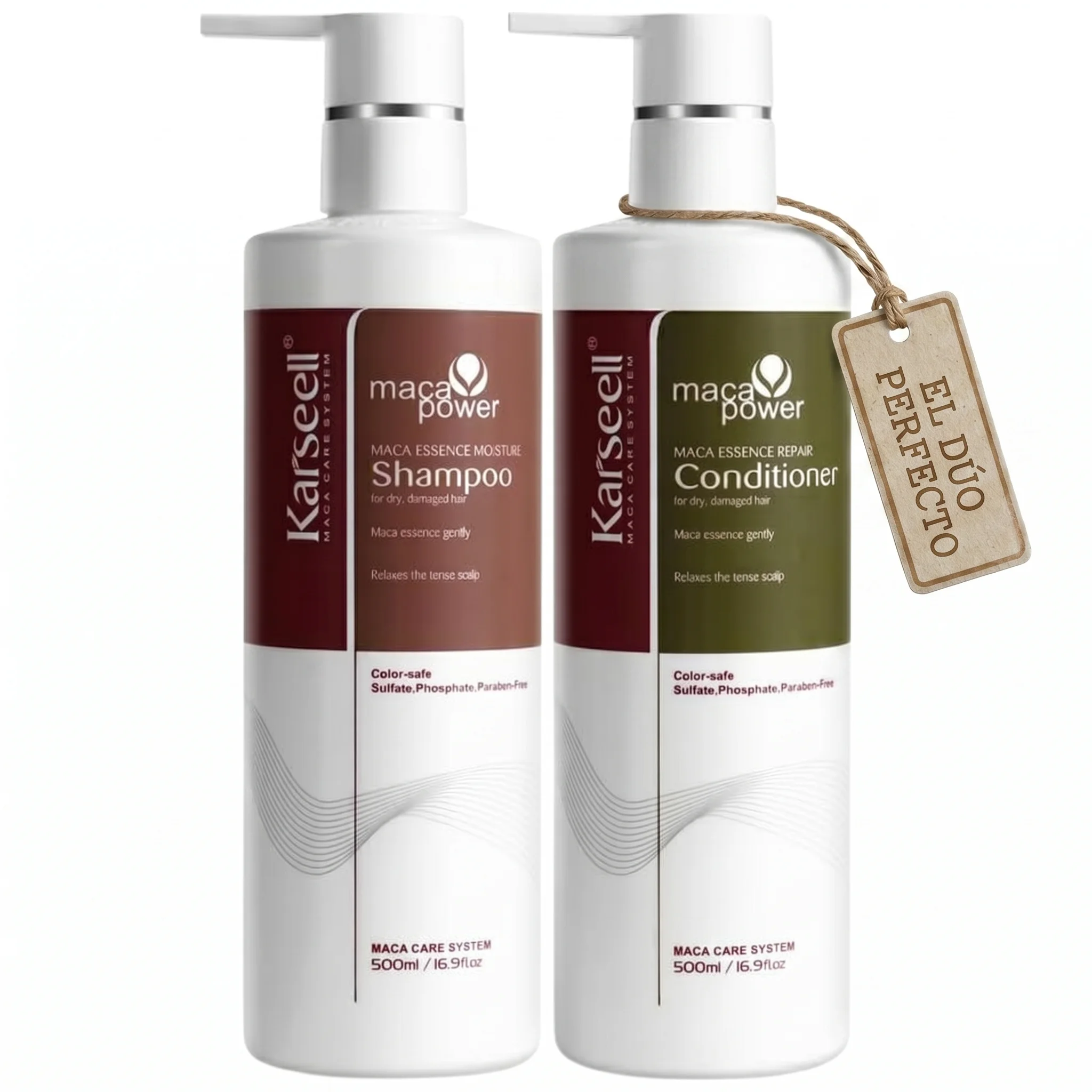 KARSEELL Pack Champú Hidratante + Acondicionador Reparador Maca Colágeno Brillo Suavidad Nutrición Antifrizz Control Frizz Cabello Seco Dañado Teñido Sin Sulfatos Uso Diario 2x500ml