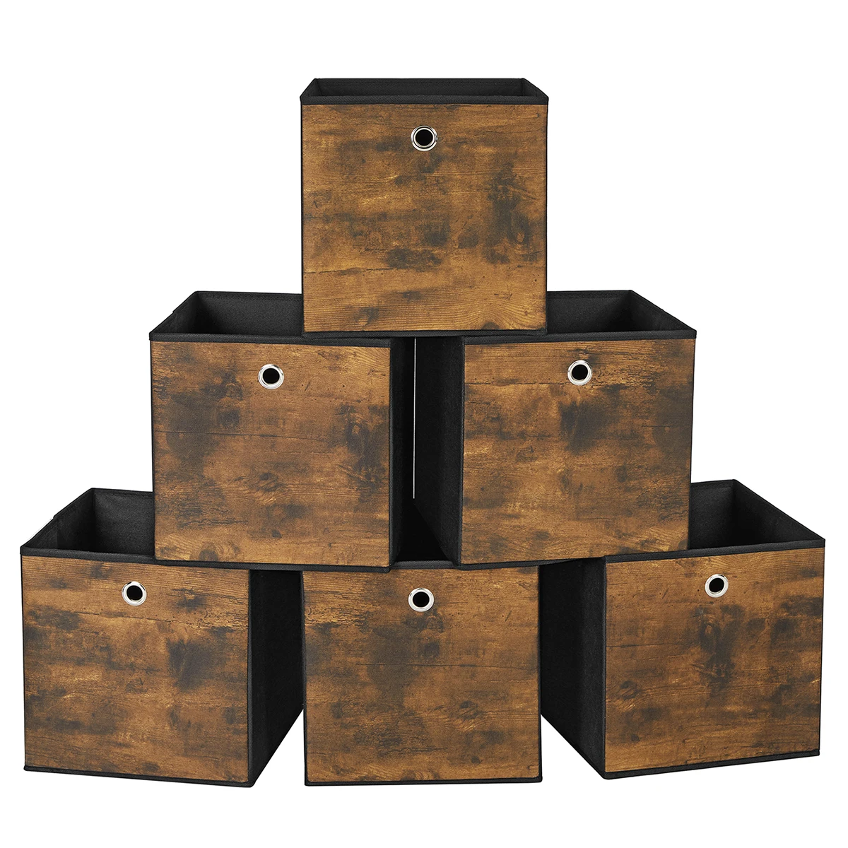 SONGMICS Caja Almacenaje, Juego de 6 Cajas de Almacenamiento con Asa, Caja Organizadora de Tela Oxford y Tela no Tejida, 30 x 30 x 30 cm, Ajustable, Plegable, Marrón Rústico y Negro/Marrón Castaño/Gris Nublado