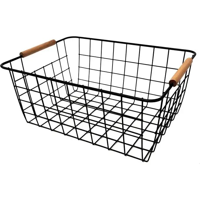 TODOBIEN STORE - Cesta Metálica Rejilla Alambre Rectangular con Asa de Madera 28x22x13cm, Cesta Canasto para Almacenaje Multiuso Color Blanco,Negro