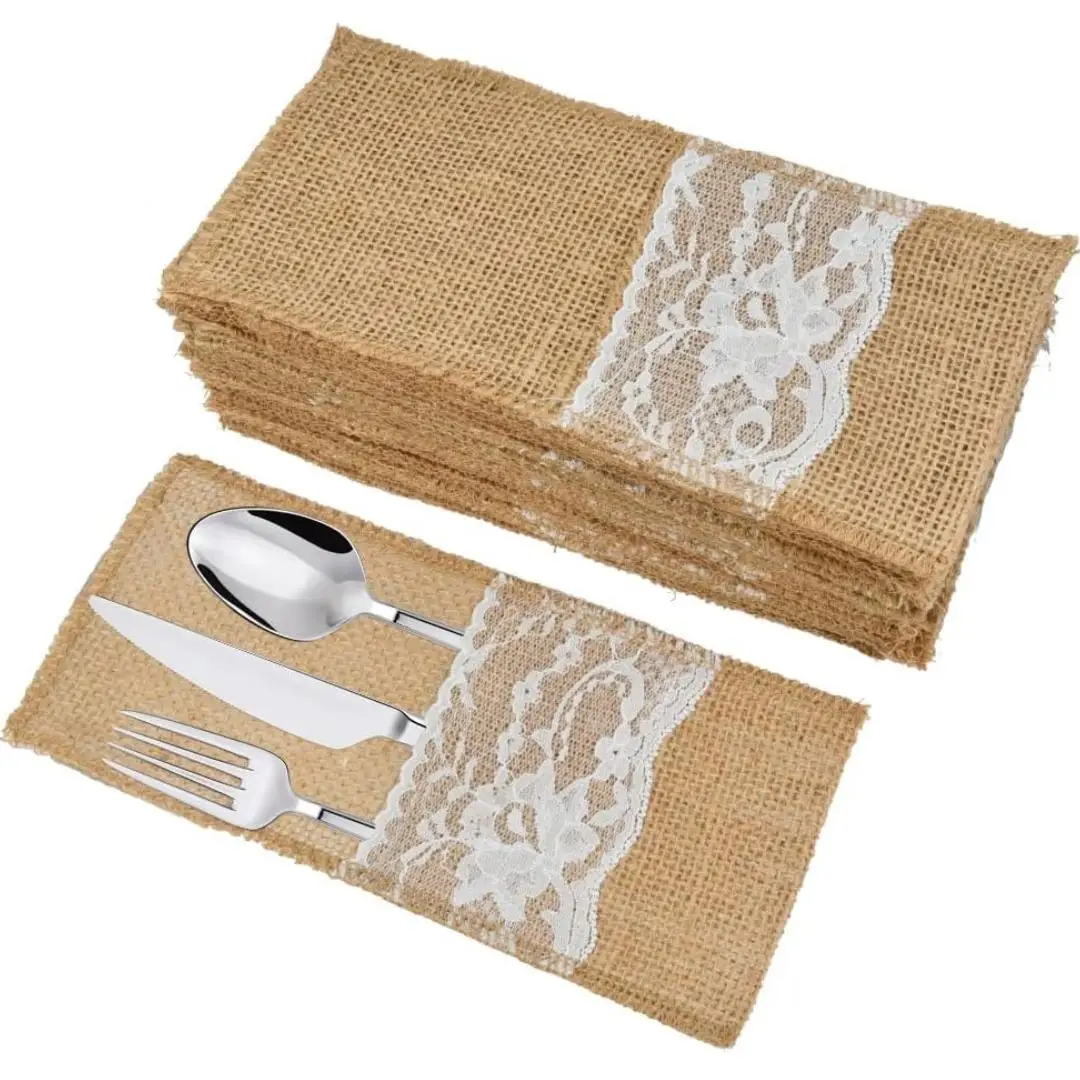 TIMESETL 40 jute cutlery bags-hessian cutlery holders-Vintage lace cutlery bags-wedding decoration-centerpieces