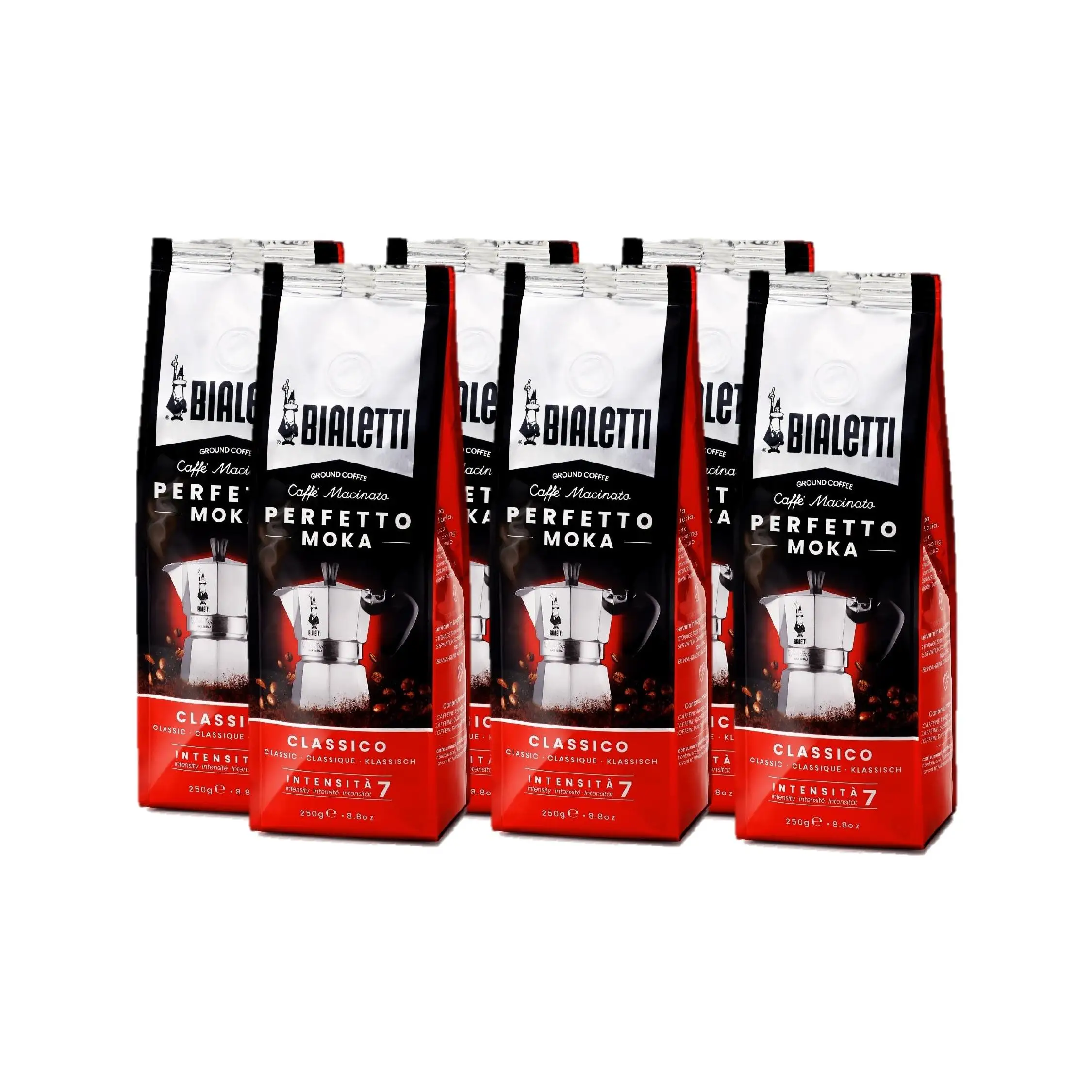 Bialetti Café Molido Italiano - Perfetto Moka: Clásico, Intenso, Vainilla, Avellana, Chocolate, Descafeinado y Delicato -  6 paquetes de 250 gr cada uno (1,5 kg)  Café de alta calidad