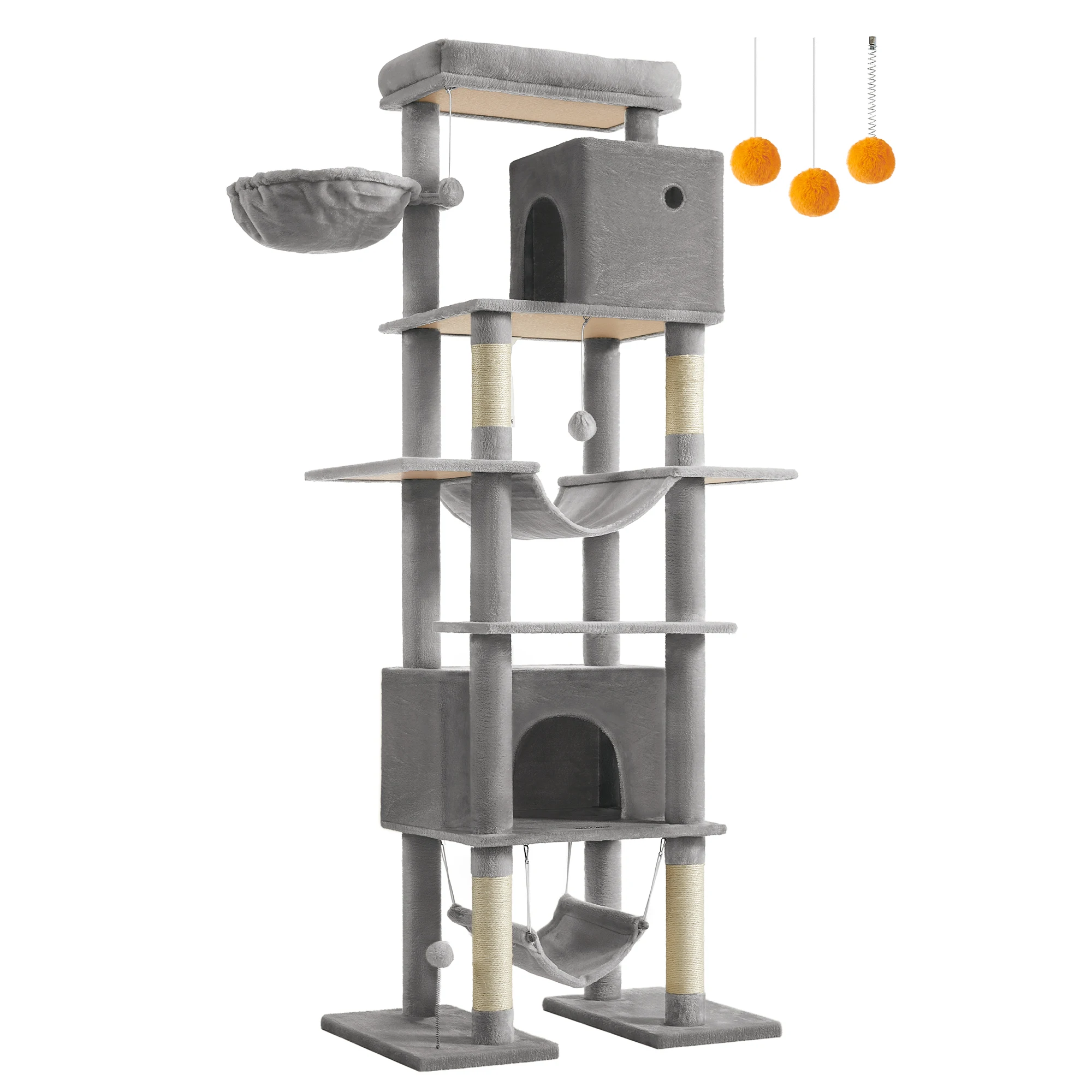Feandrea Árbol Grande para Gatos, Rascador Multinivel para Gatos XXL, 201 cm de Altura, con una Plataforma, una Cesta, 2 Casas para Gatos, 2 hamacas, Gris Claro/Beige/Gris Oscuro