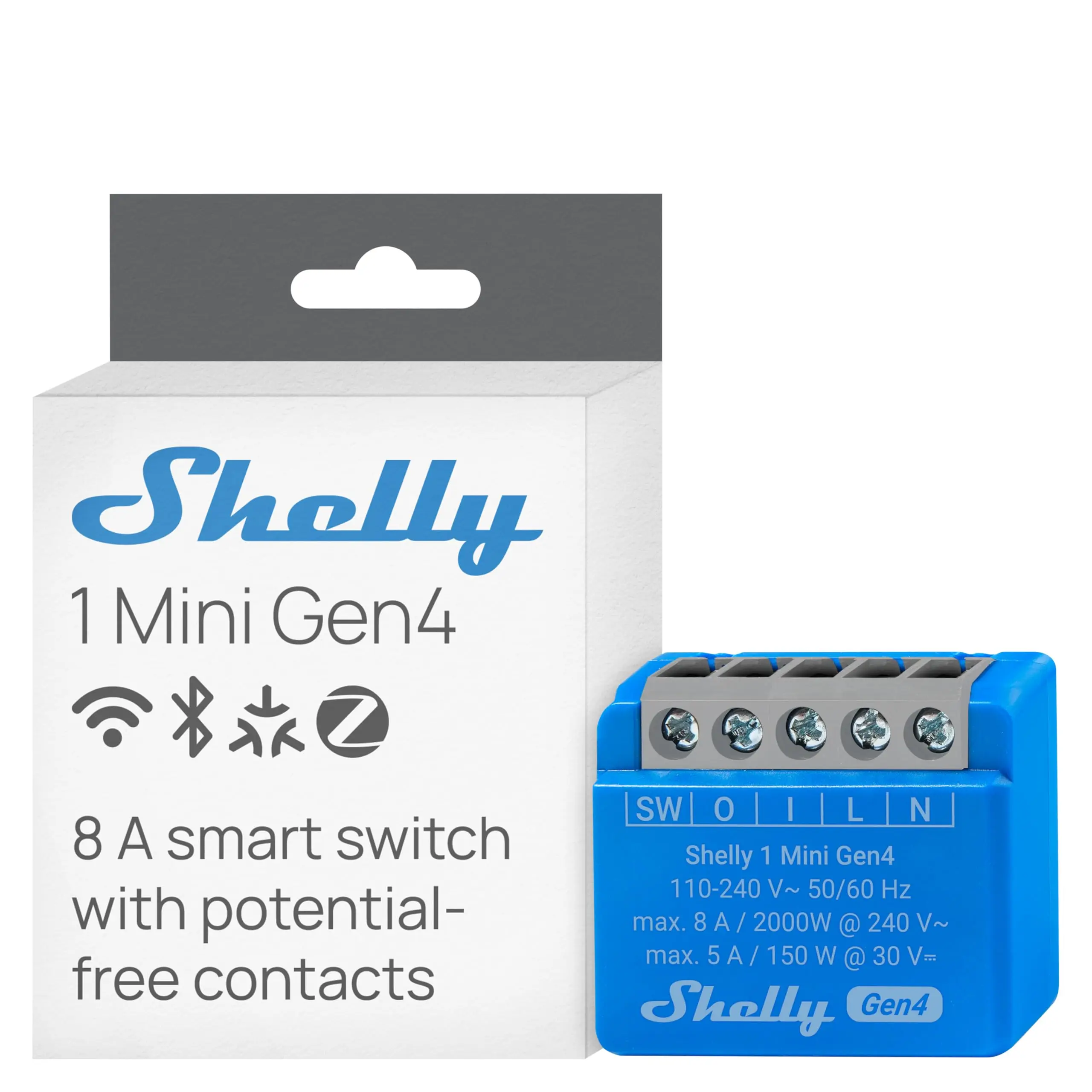 Shelly 1 Mini Gen4 - Interruptor de relé inteligente WLAN, Wi-Fi, Bluetooth y Zigbee, 1 canal, 8 A, contacto libre de potencial, domótica, control remoto, no requiere concentrador, Alexa y Google